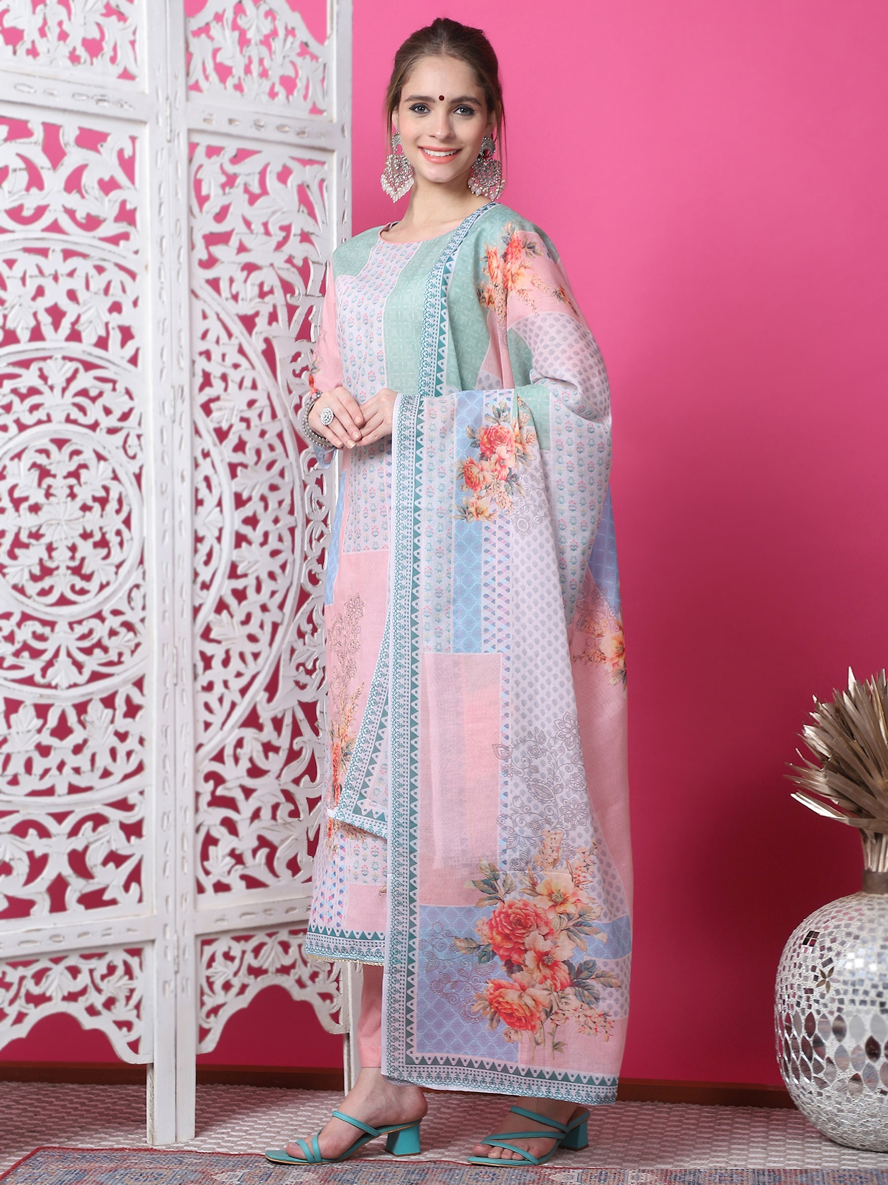 Jyoti Fashion Women's Multicolor Cotton Geometric Digital Print with Jari & Crystal Kurta with Trouser & Dupatta | Swadesiicart