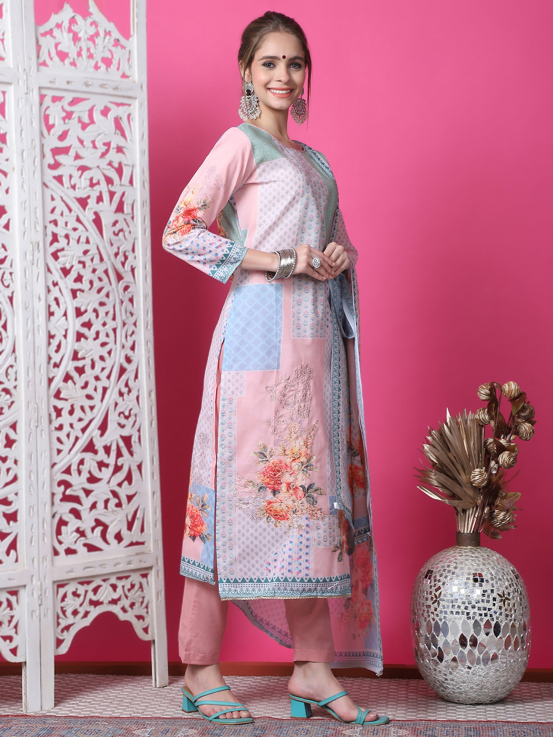 Jyoti Fashion Women's Multicolor Cotton Geometric Digital Print with Jari & Crystal Kurta with Trouser & Dupatta | Swadesiicart