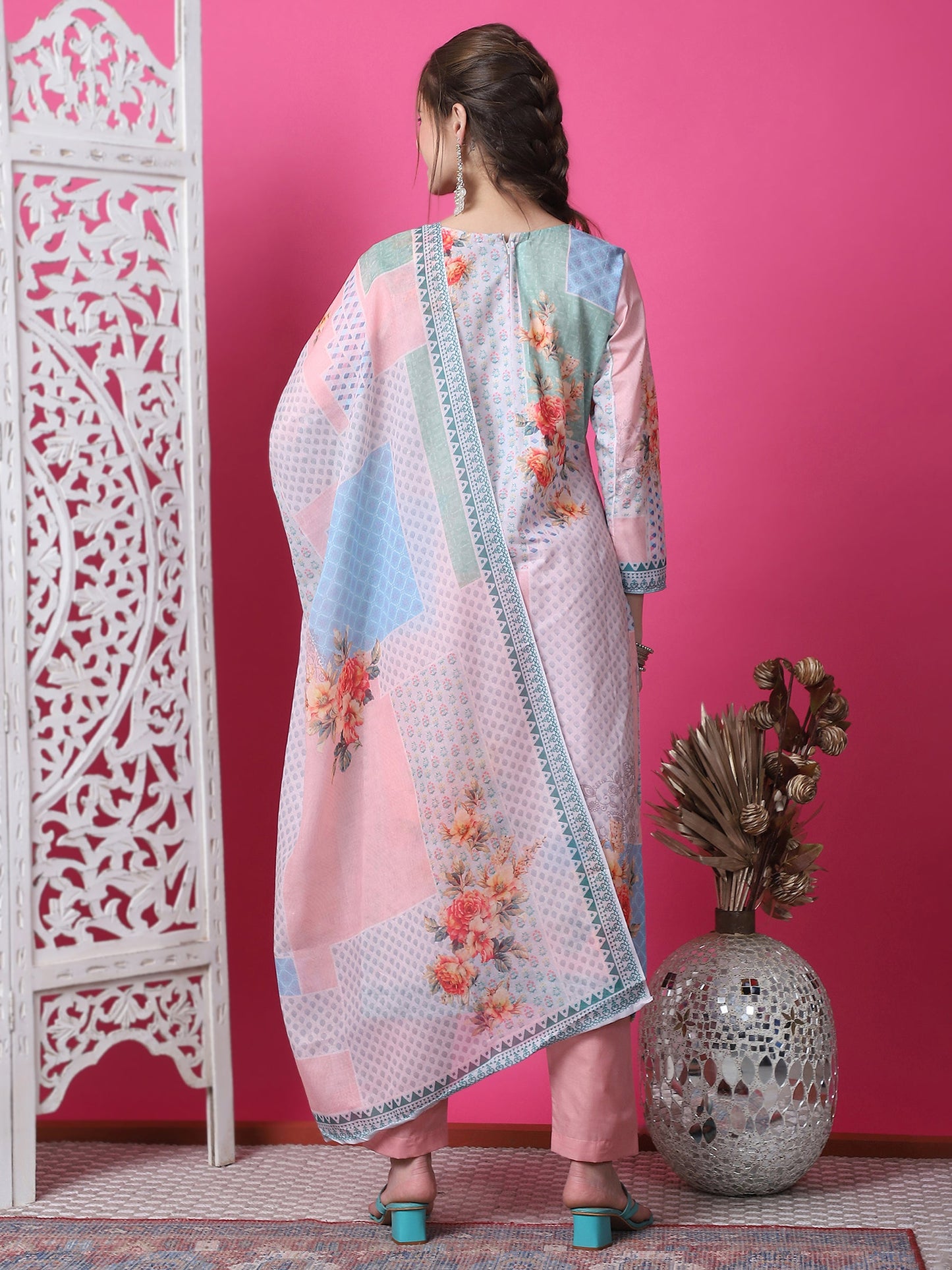 Jyoti Fashion Women's Multicolor Cotton Geometric Digital Print with Jari & Crystal Kurta with Trouser & Dupatta | Swadesiicart