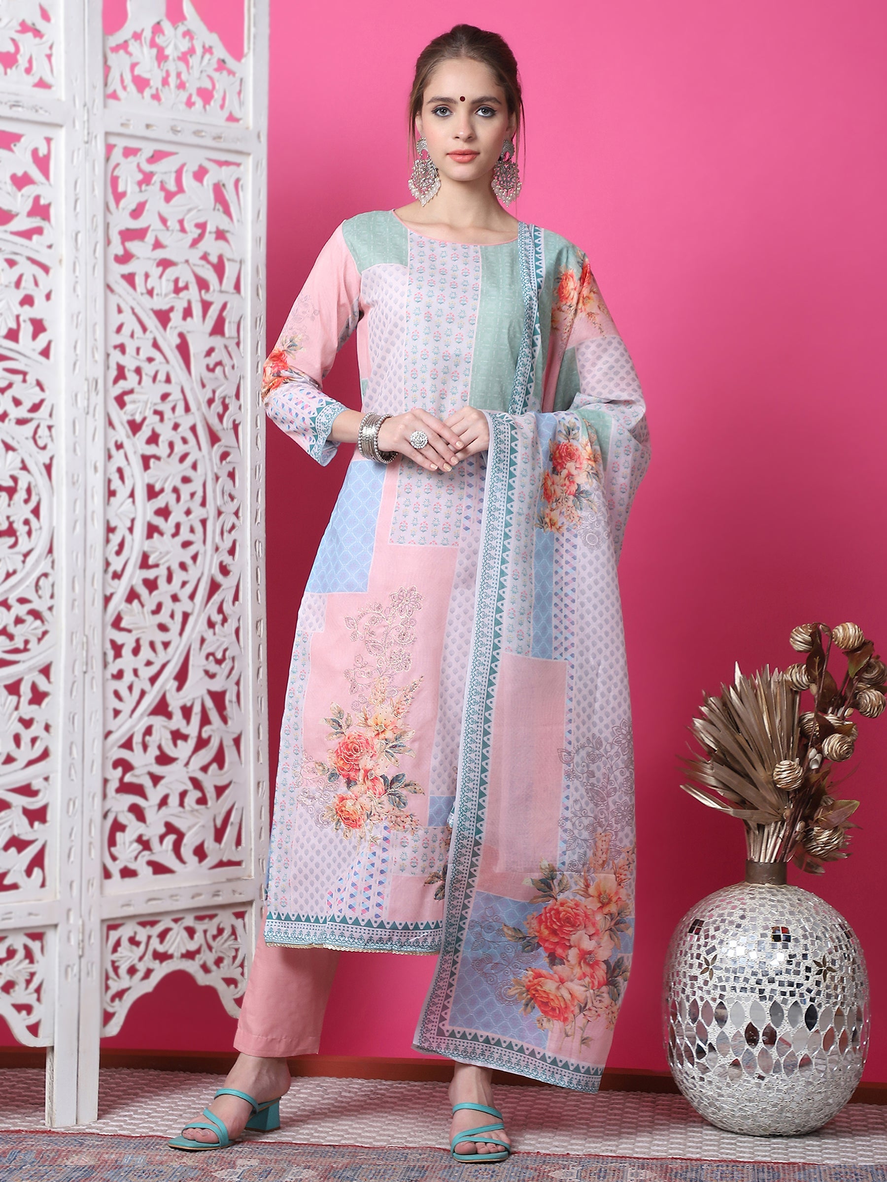 Jyoti Fashion Women's Multicolor Cotton Geometric Digital Print with Jari & Crystal Kurta with Trouser & Dupatta | Swadesiicart