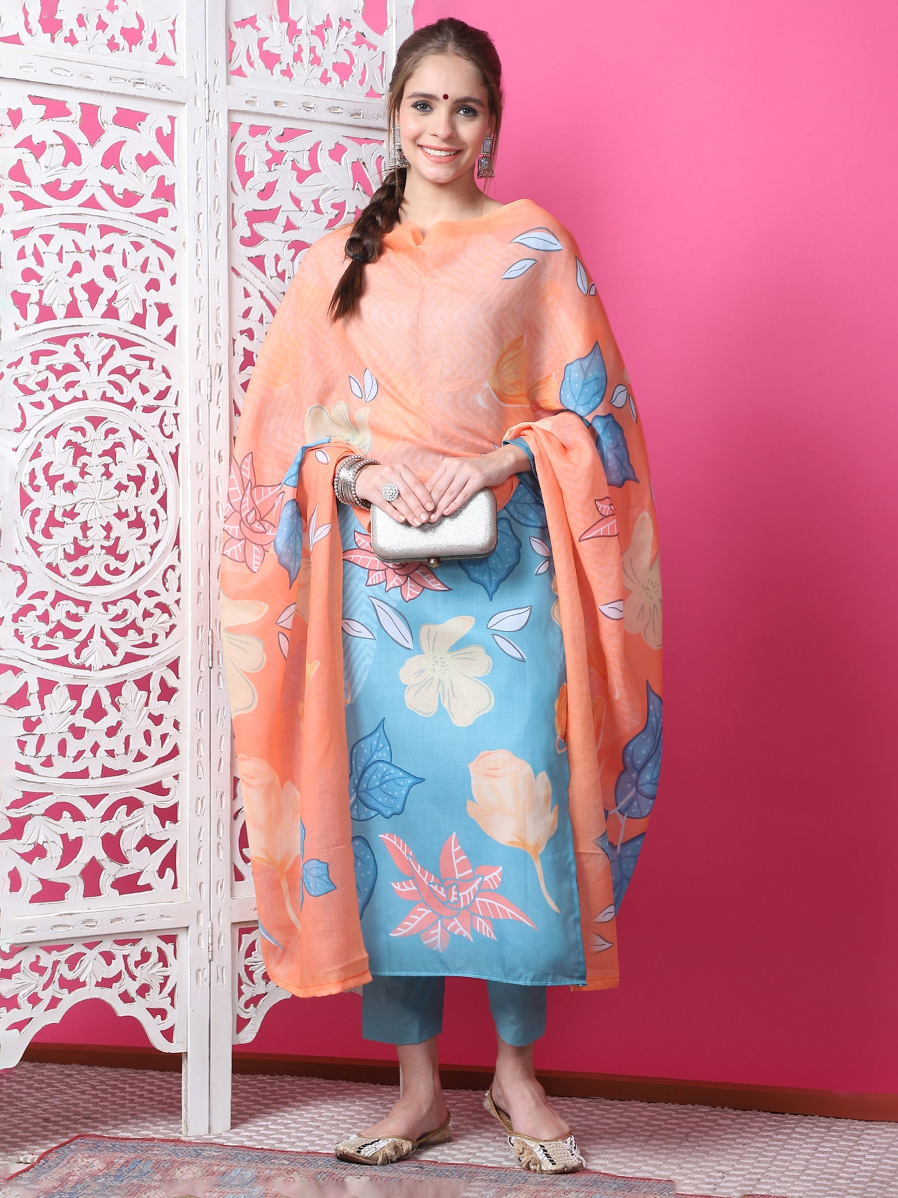 Jyoti Fashion Women's Sky Blue Cotton Geometric Digital Print with Jari & Crystal Kurta with Trouser & Dupatta | Swadesiicart