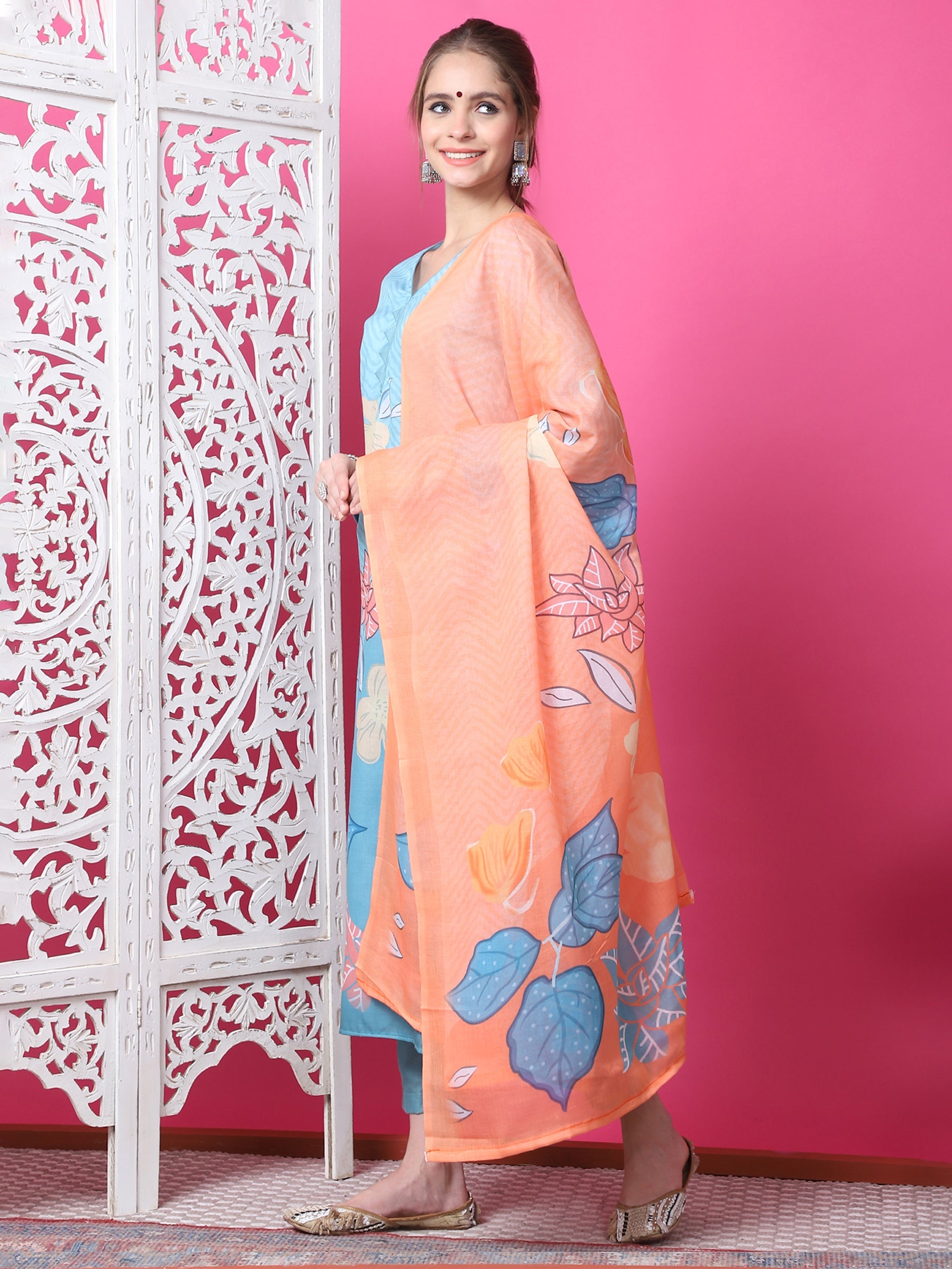 Jyoti Fashion Women's Sky Blue Cotton Geometric Digital Print with Jari & Crystal Kurta with Trouser & Dupatta | Swadesiicart