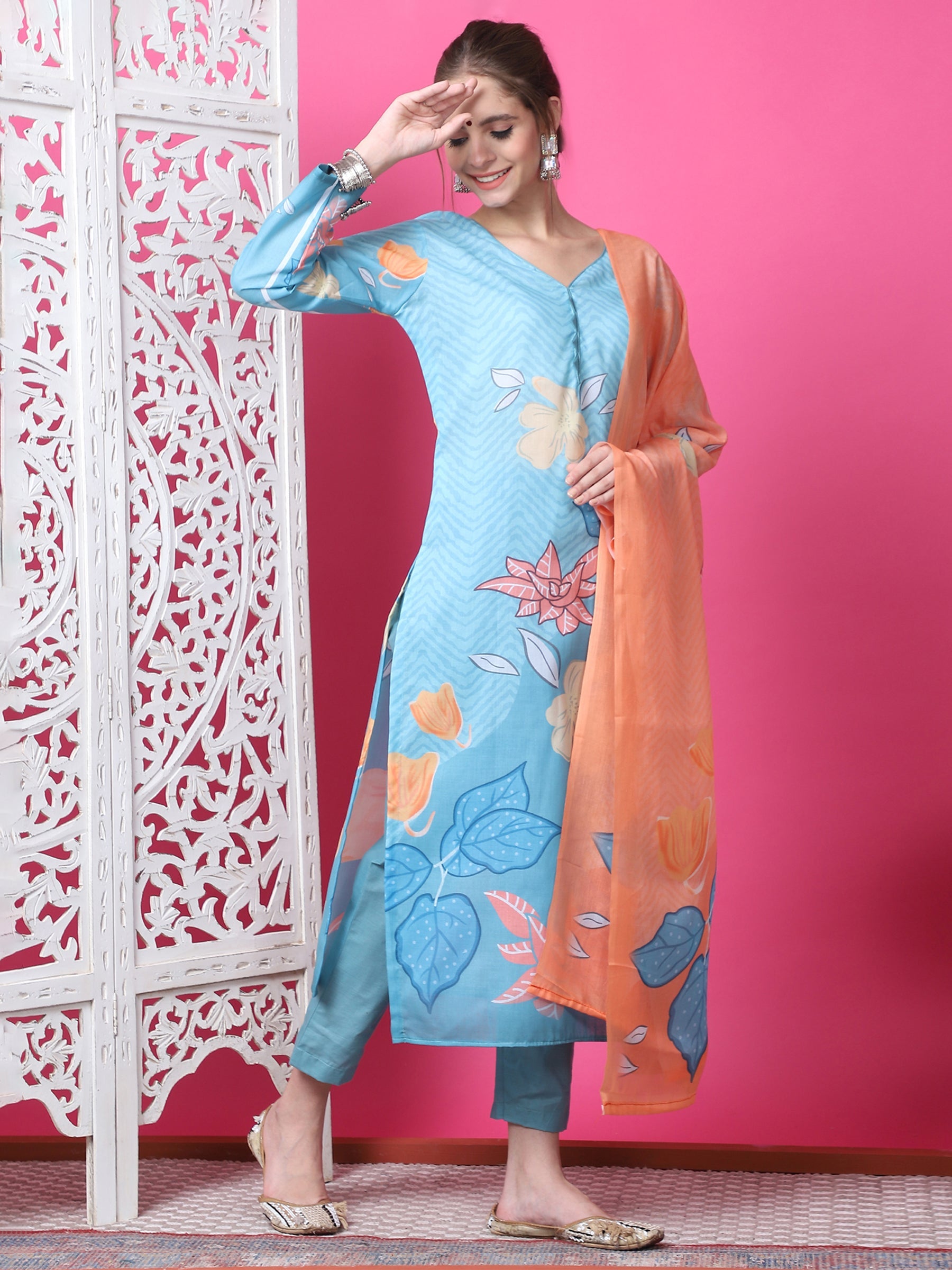 Jyoti Fashion Women's Sky Blue Cotton Geometric Digital Print with Jari & Crystal Kurta with Trouser & Dupatta | Swadesiicart