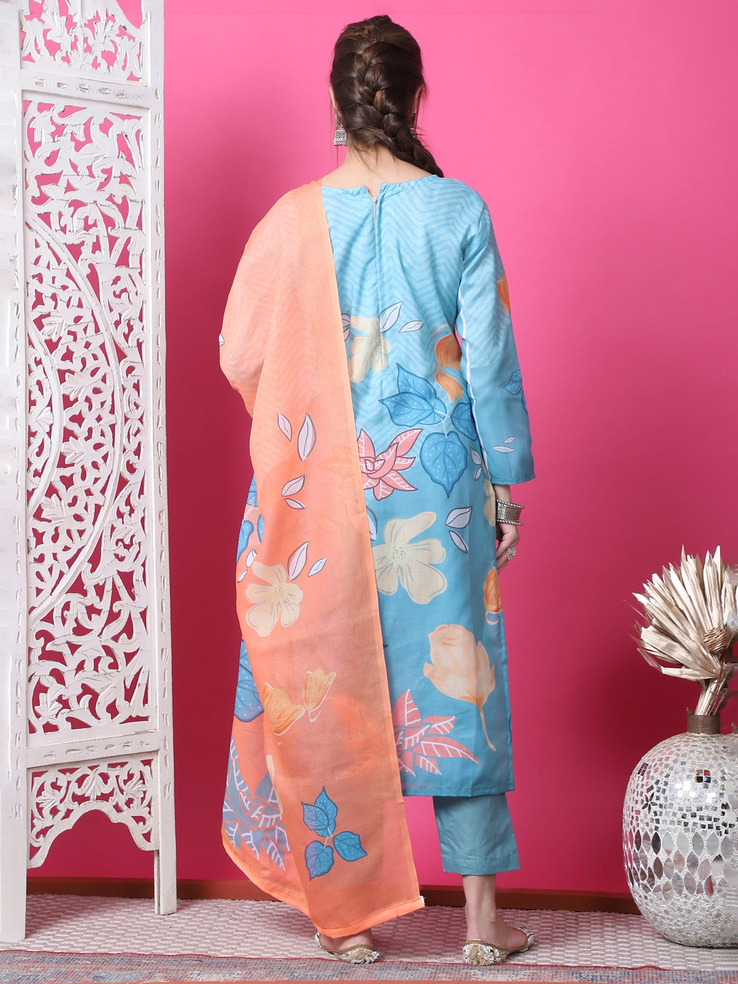 Jyoti Fashion Women's Sky Blue Cotton Geometric Digital Print with Jari & Crystal Kurta with Trouser & Dupatta | Swadesiicart
