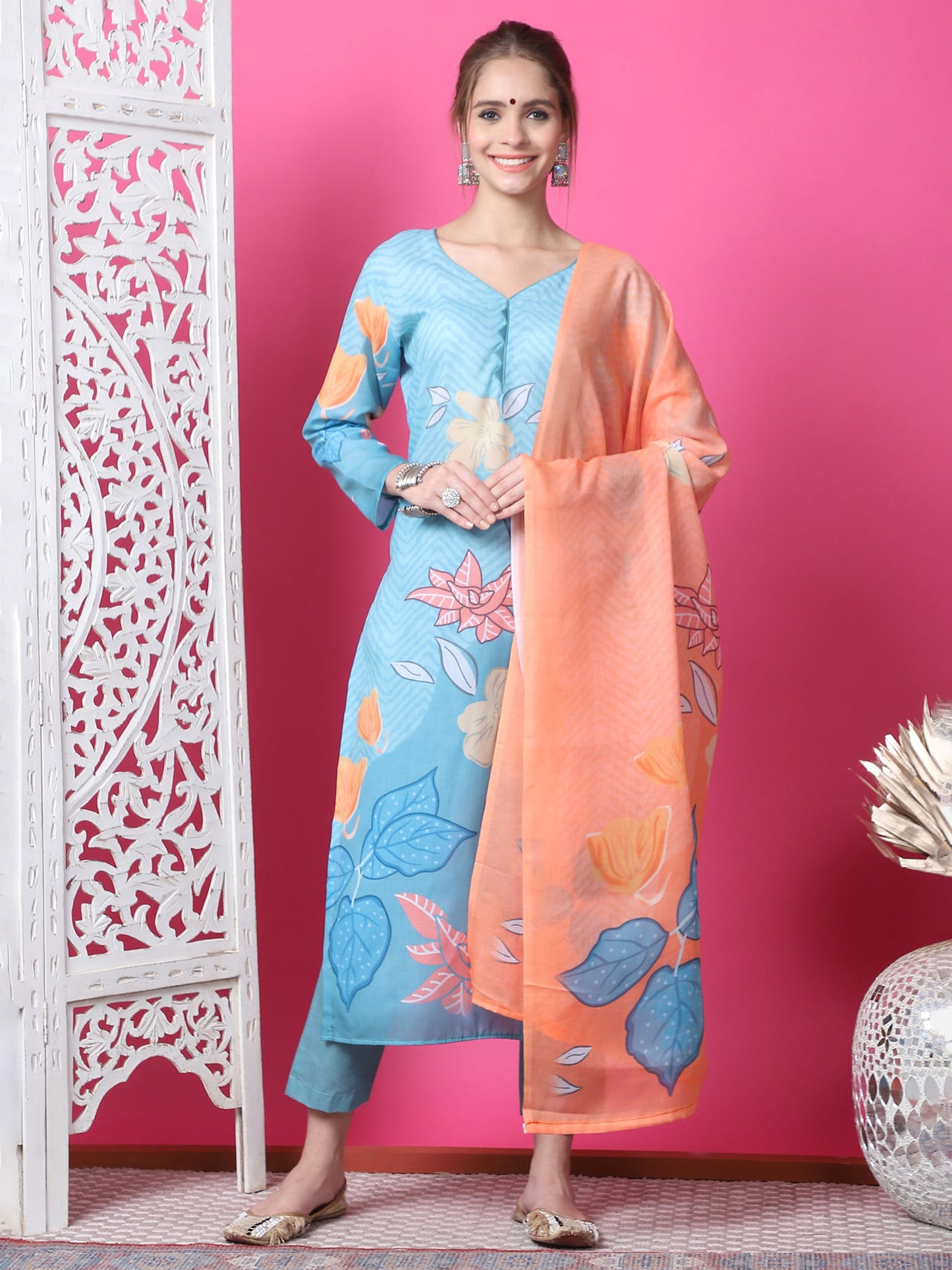 Jyoti Fashion Women's Sky Blue Cotton Geometric Digital Print with Jari & Crystal Kurta with Trouser & Dupatta | Swadesiicart
