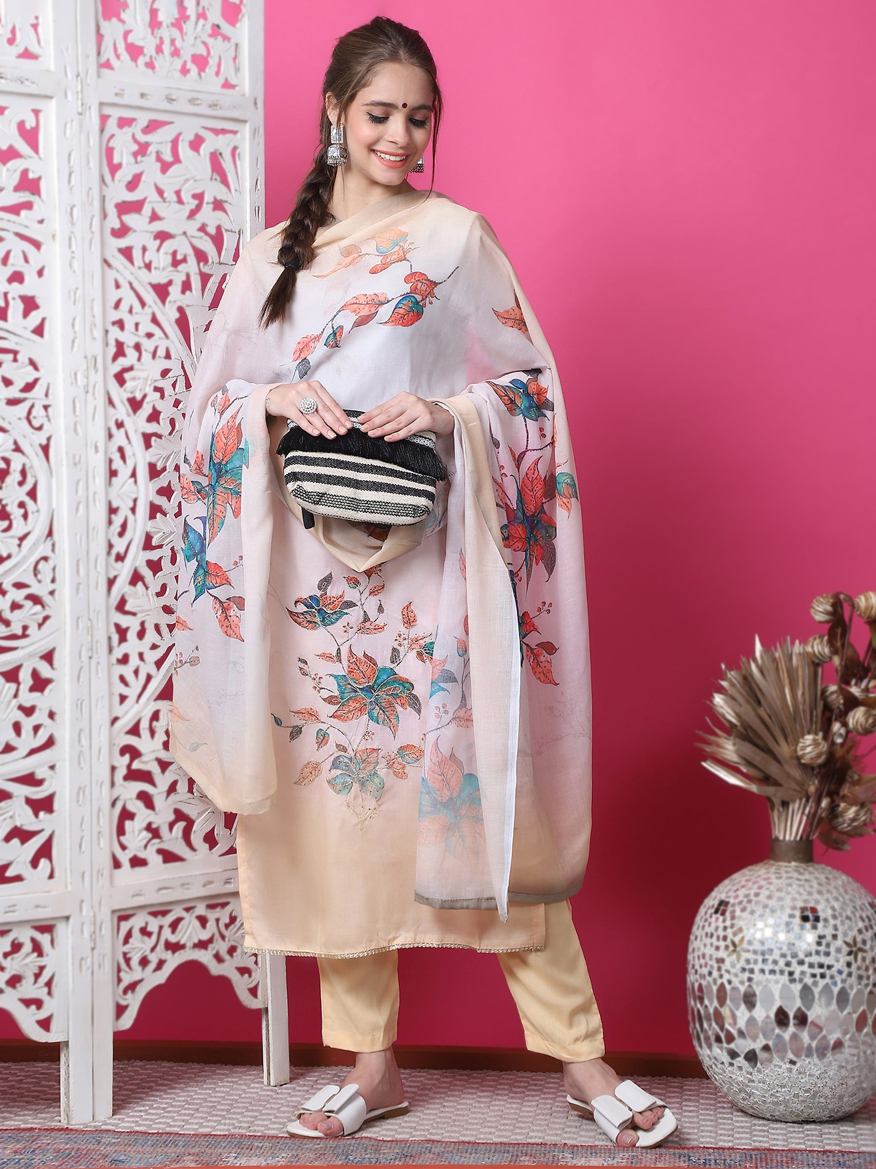 Jyoti Fashion Women's Multicolor Cotton Geometric Digital Print with Jari & Crystal Kurta with Trouser & Dupatta | Swadesiicart