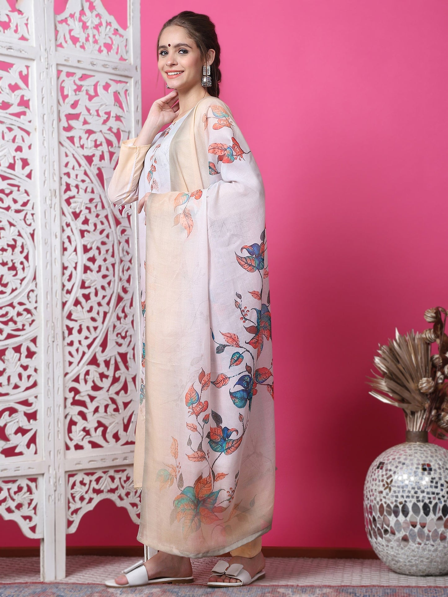 Jyoti Fashion Women's Multicolor Cotton Geometric Digital Print with Jari & Crystal Kurta with Trouser & Dupatta | Swadesiicart