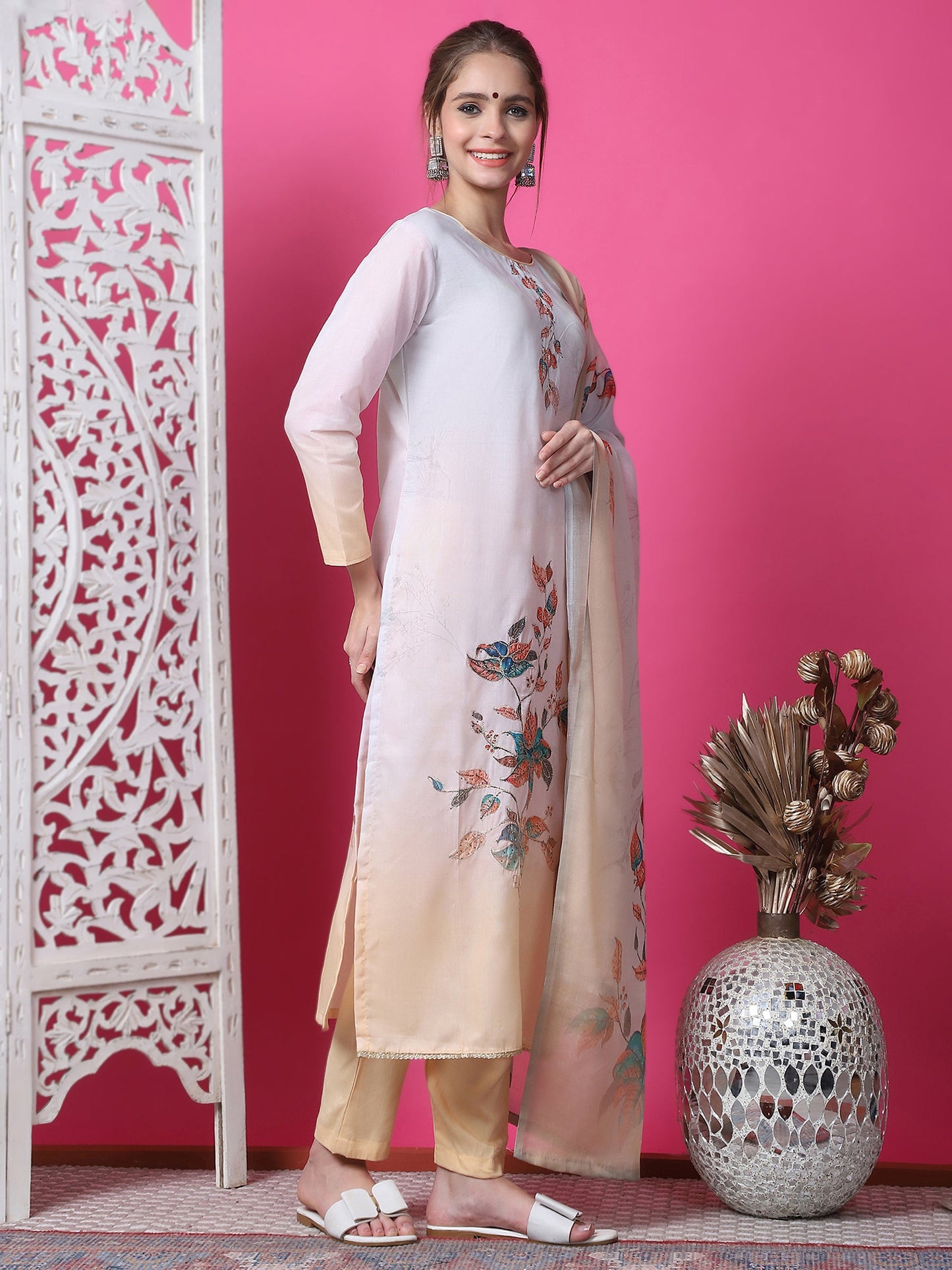 Jyoti Fashion Women's Multicolor Cotton Geometric Digital Print with Jari & Crystal Kurta with Trouser & Dupatta | Swadesiicart
