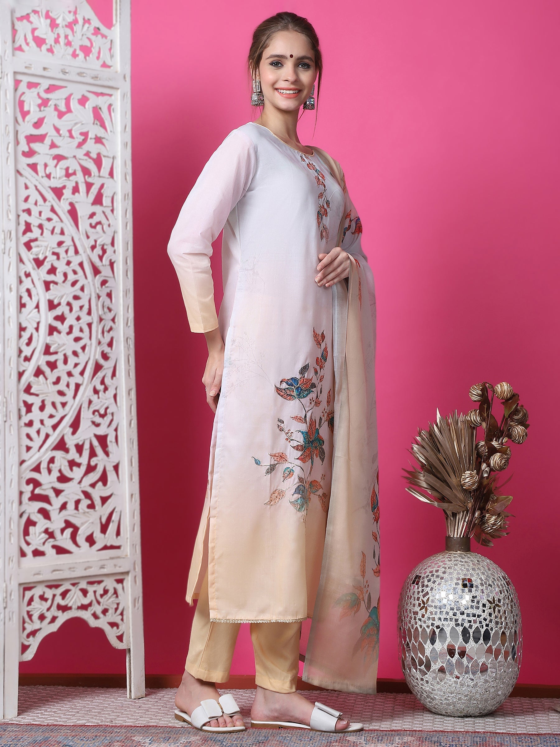 Jyoti Fashion Women's Multicolor Cotton Geometric Digital Print with Jari & Crystal Kurta with Trouser & Dupatta | Swadesiicart