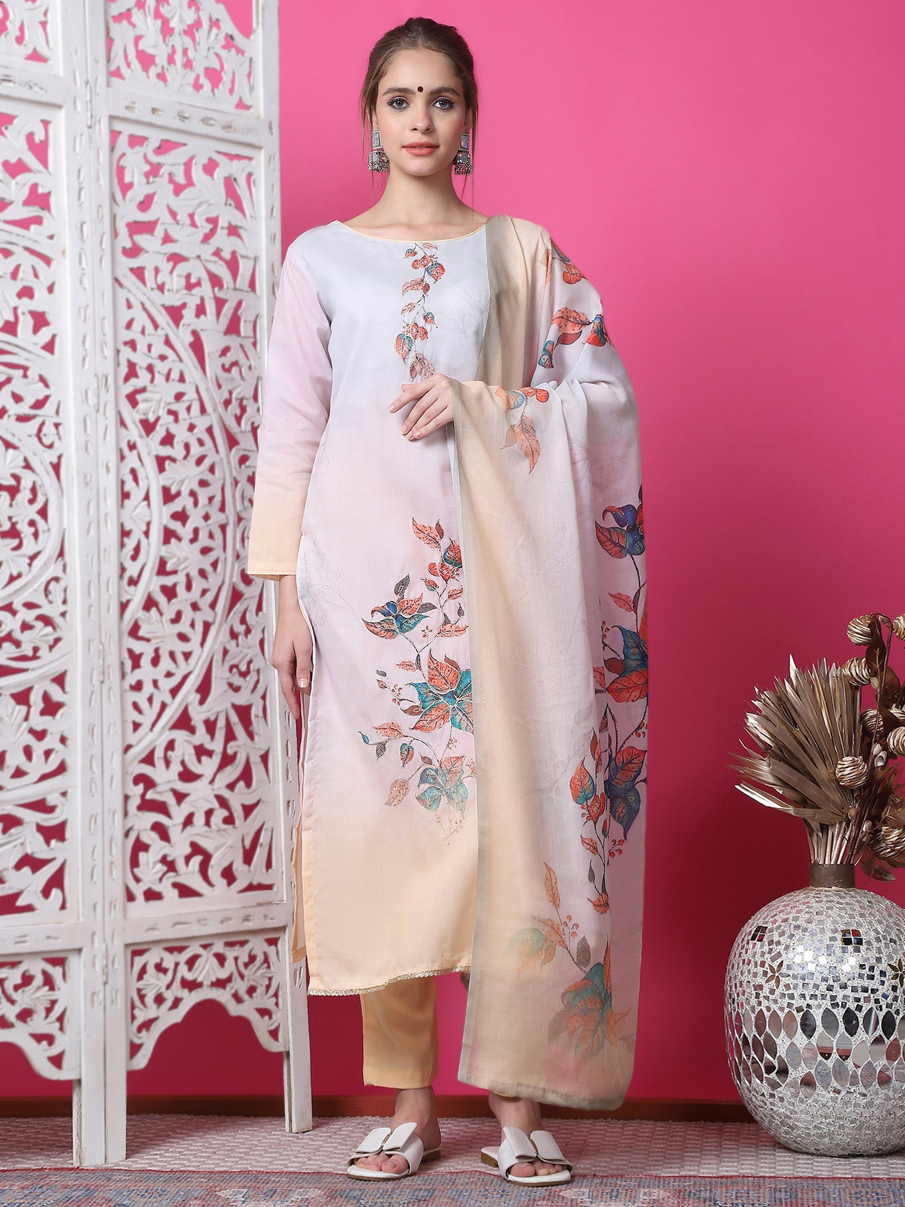 Jyoti Fashion Women's Multicolor Cotton Geometric Digital Print with Jari & Crystal Kurta with Trouser & Dupatta | Swadesiicart