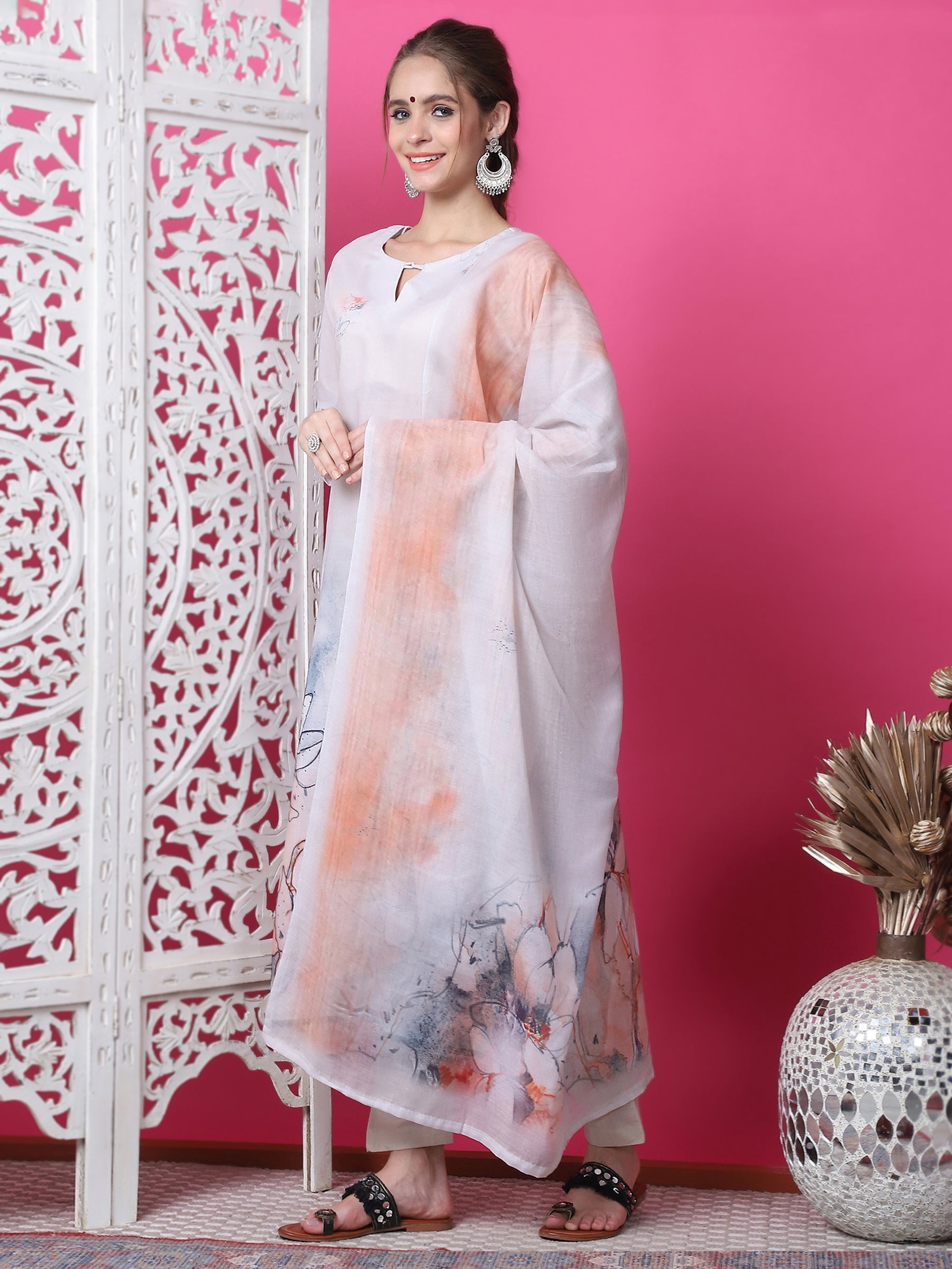 Jyoti Fashion Women's Beige Cotton Geometric Digital Print with Jari & Crystal Kurta with Trouser & Dupatta | Swadesiicart