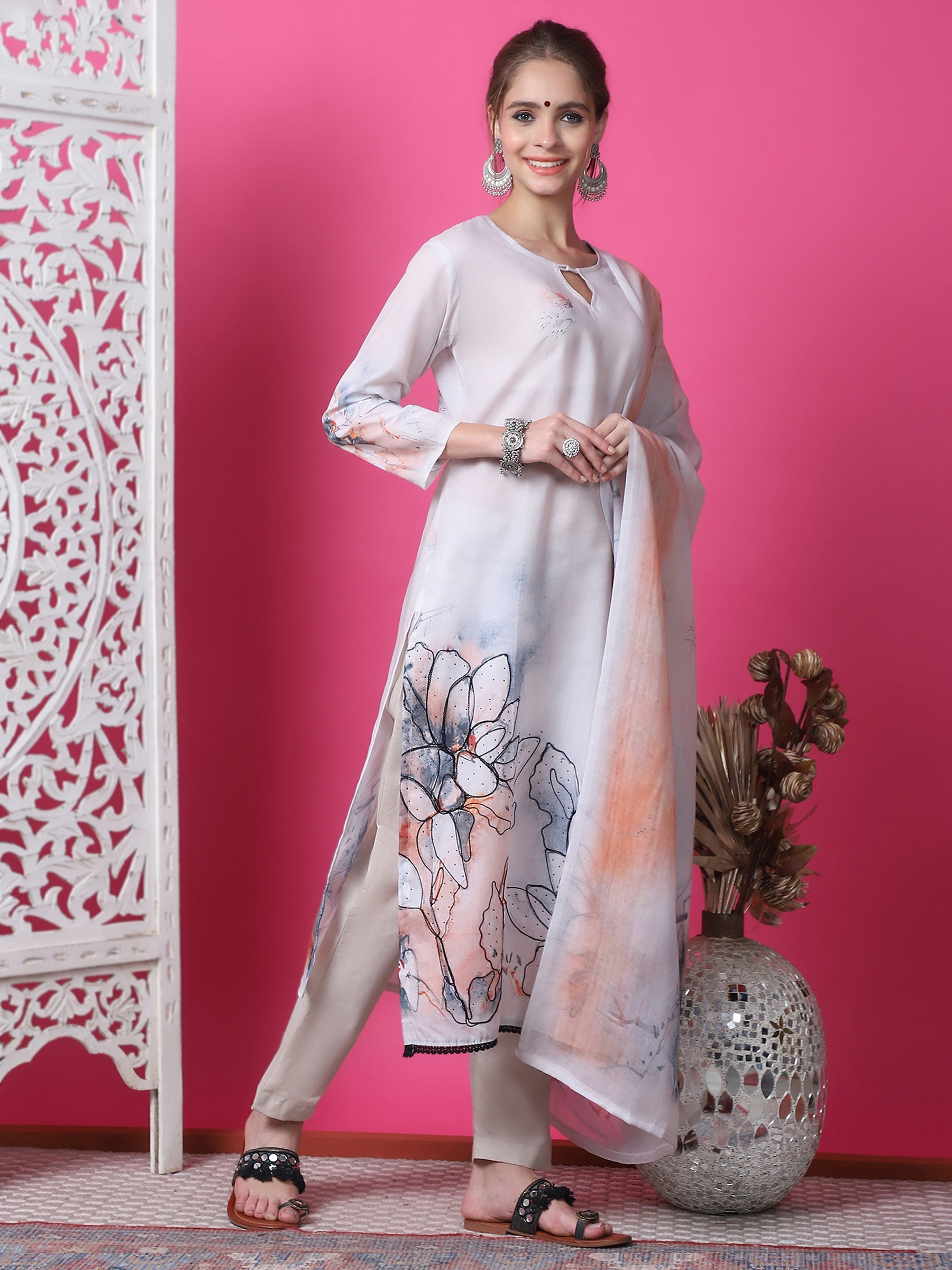 Jyoti Fashion Women's Beige Cotton Geometric Digital Print with Jari & Crystal Kurta with Trouser & Dupatta | Swadesiicart