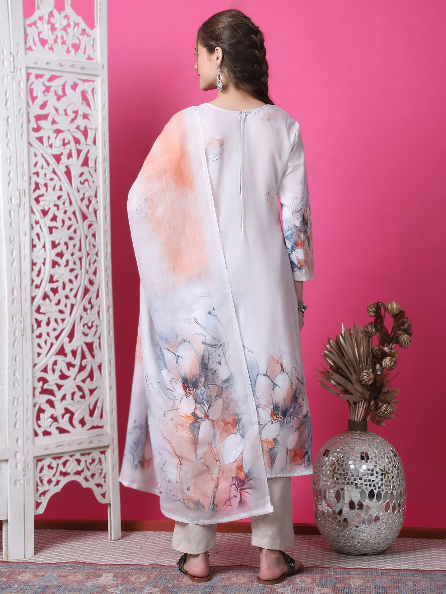 Jyoti Fashion Women's Beige Cotton Geometric Digital Print with Jari & Crystal Kurta with Trouser & Dupatta | Swadesiicart