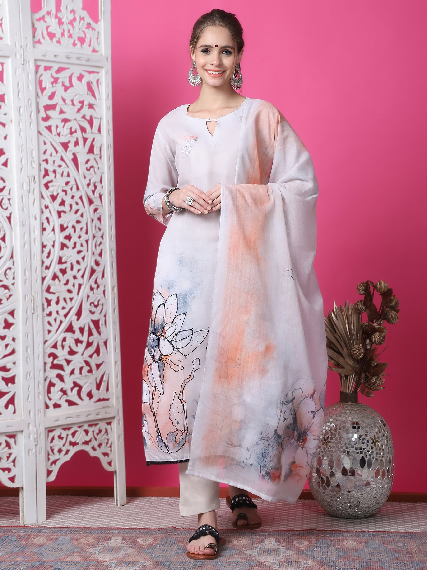 Jyoti Fashion Women's Beige Cotton Geometric Digital Print with Jari & Crystal Kurta with Trouser & Dupatta | Swadesiicart