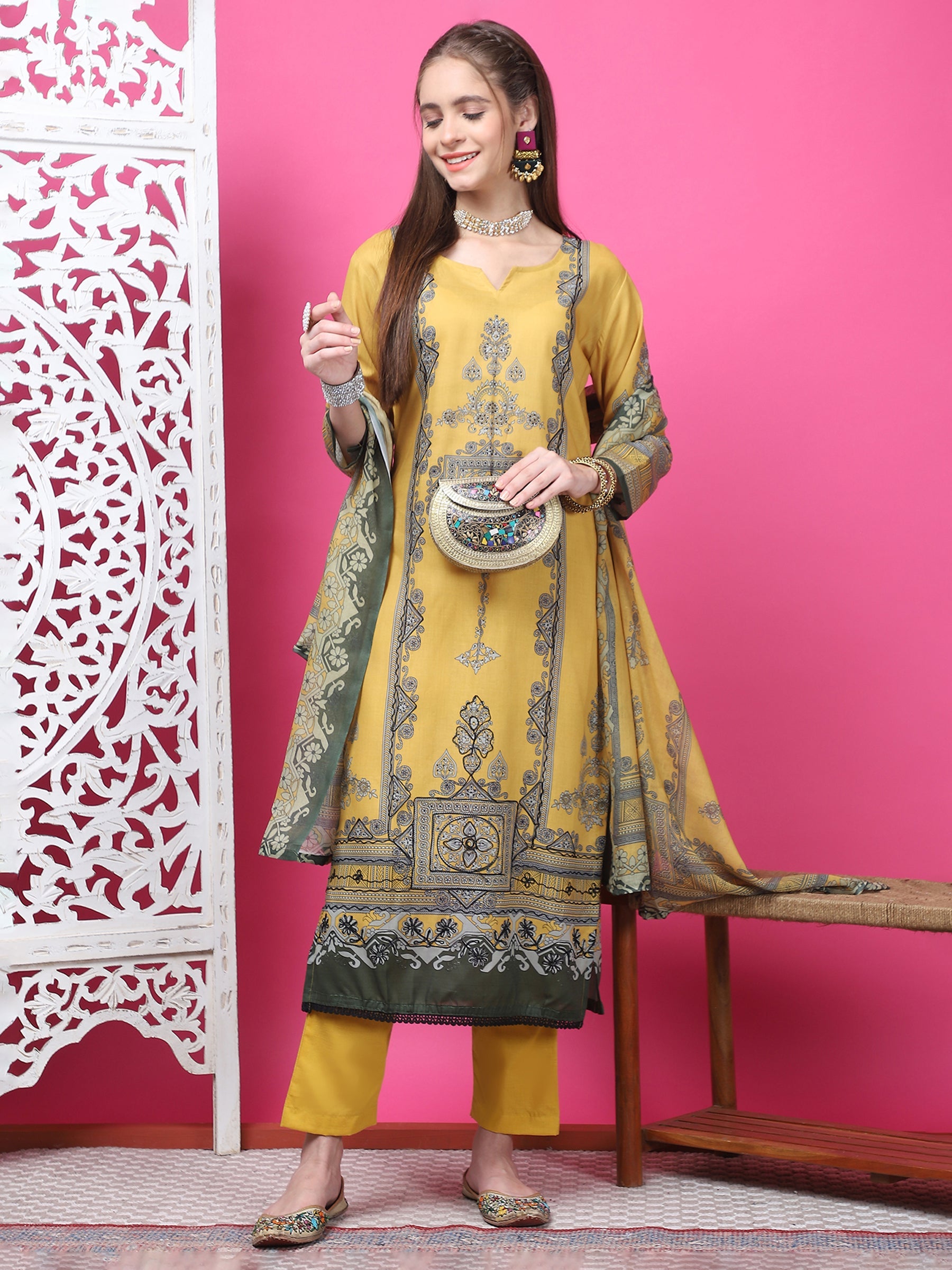 Jyoti Fashion Women's Mustard Cotton Geometric Digital Print with Jari & Crystal Kurta with Trouser & Dupatta | Swadesiicart