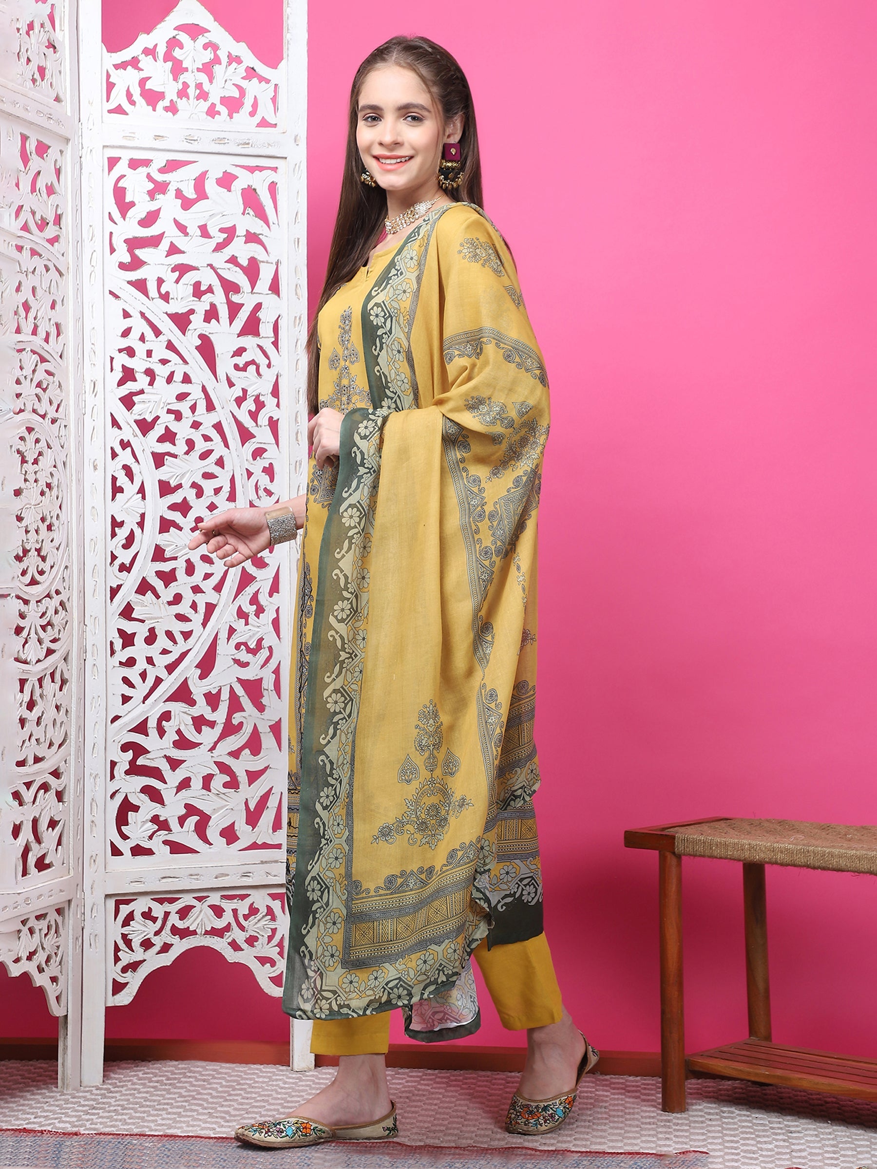 Jyoti Fashion Women's Mustard Cotton Geometric Digital Print with Jari & Crystal Kurta with Trouser & Dupatta | Swadesiicart