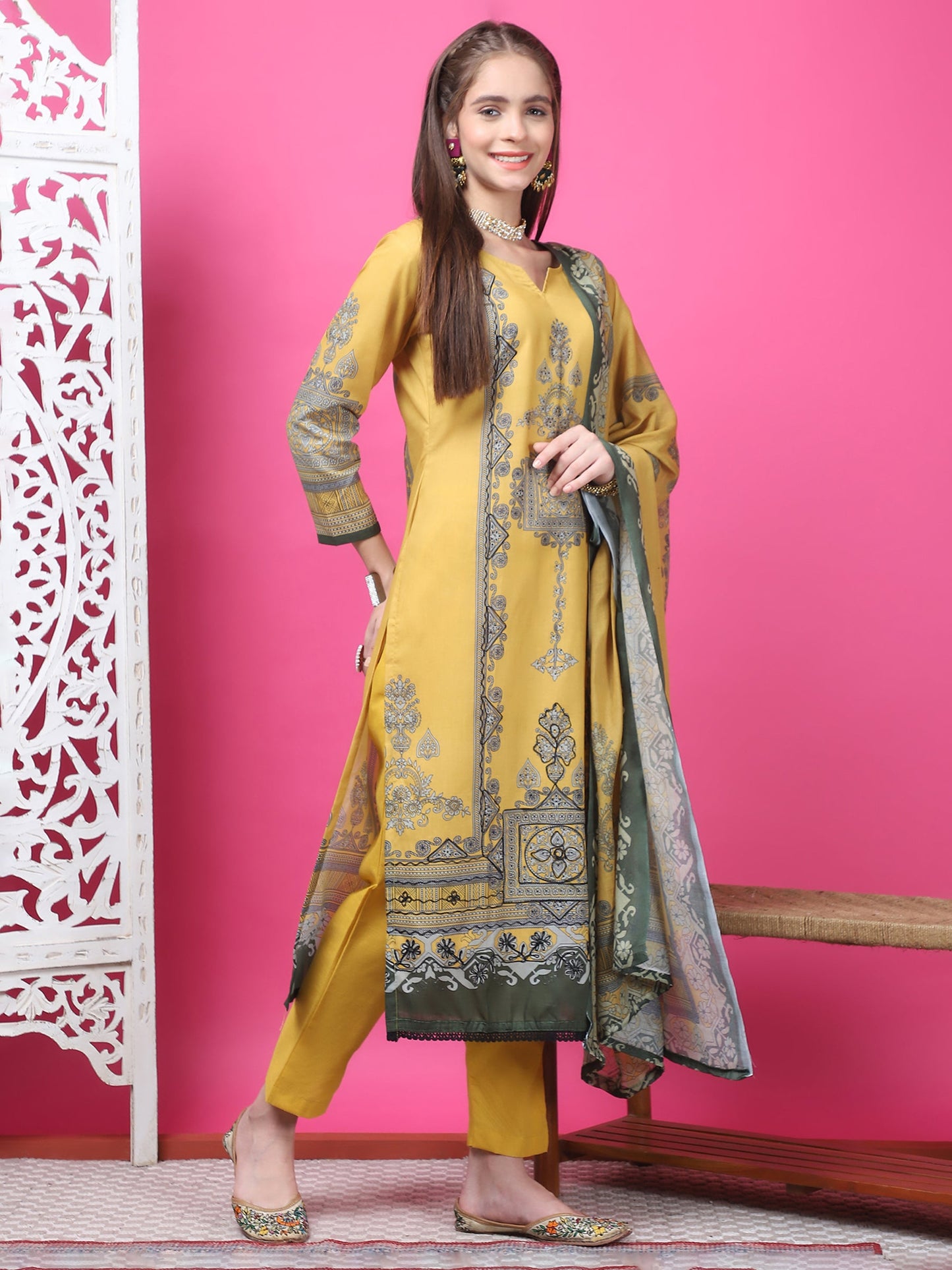 Jyoti Fashion Women's Mustard Cotton Geometric Digital Print with Jari & Crystal Kurta with Trouser & Dupatta | Swadesiicart