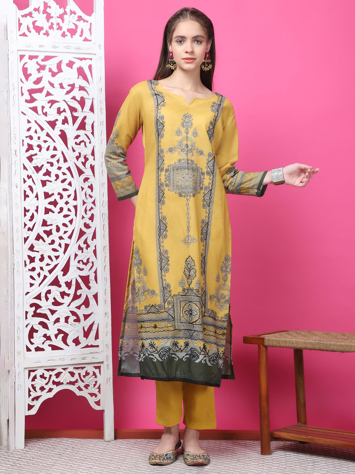 Jyoti Fashion Women's Mustard Cotton Geometric Digital Print with Jari & Crystal Kurta with Trouser & Dupatta | Swadesiicart