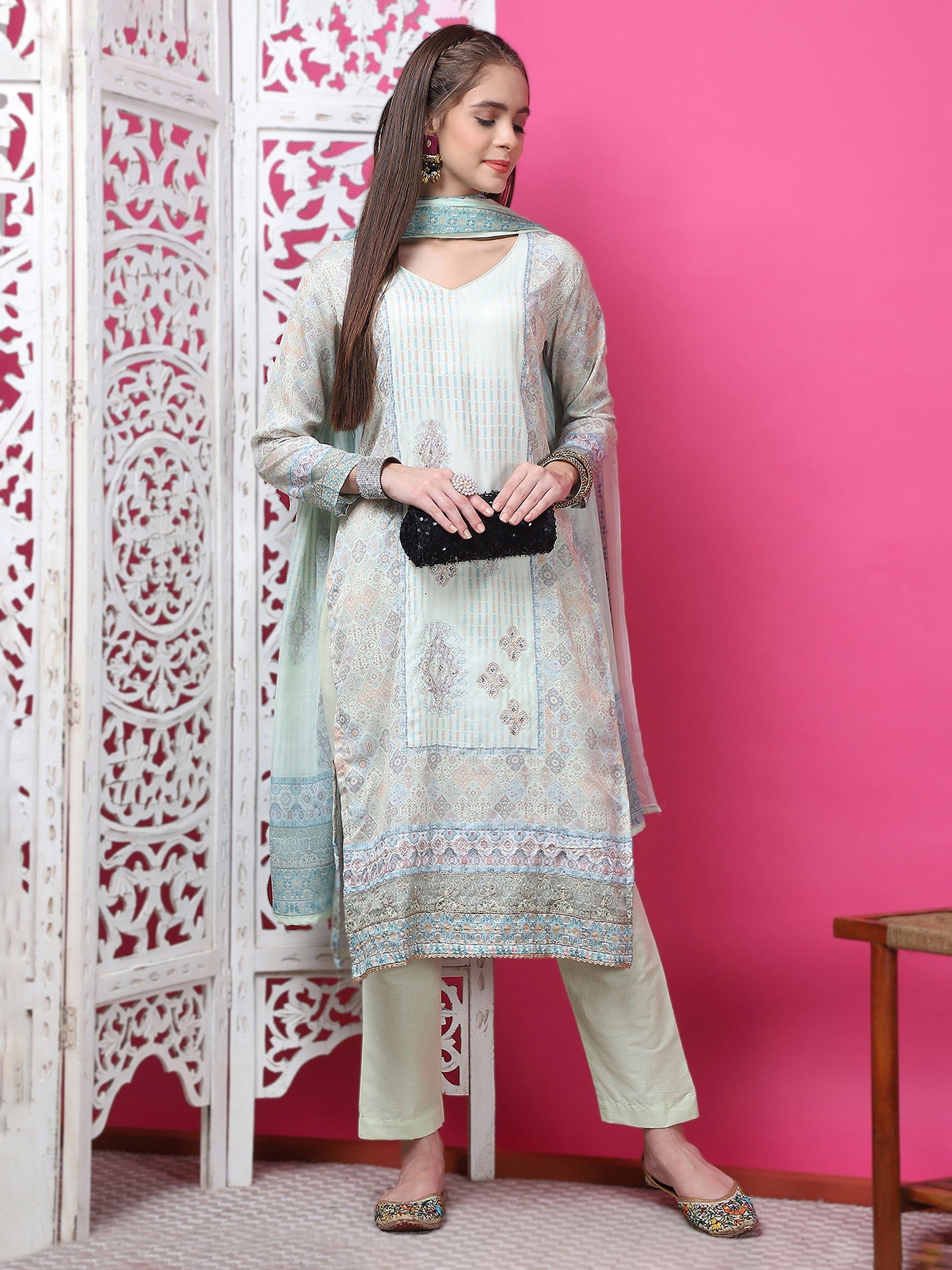 Jyoti Fashion Women's Pista Green Cotton Geometric Digital Print with Jari & Crystal Kurta with Trouser & Dupatta | Swadesiicart