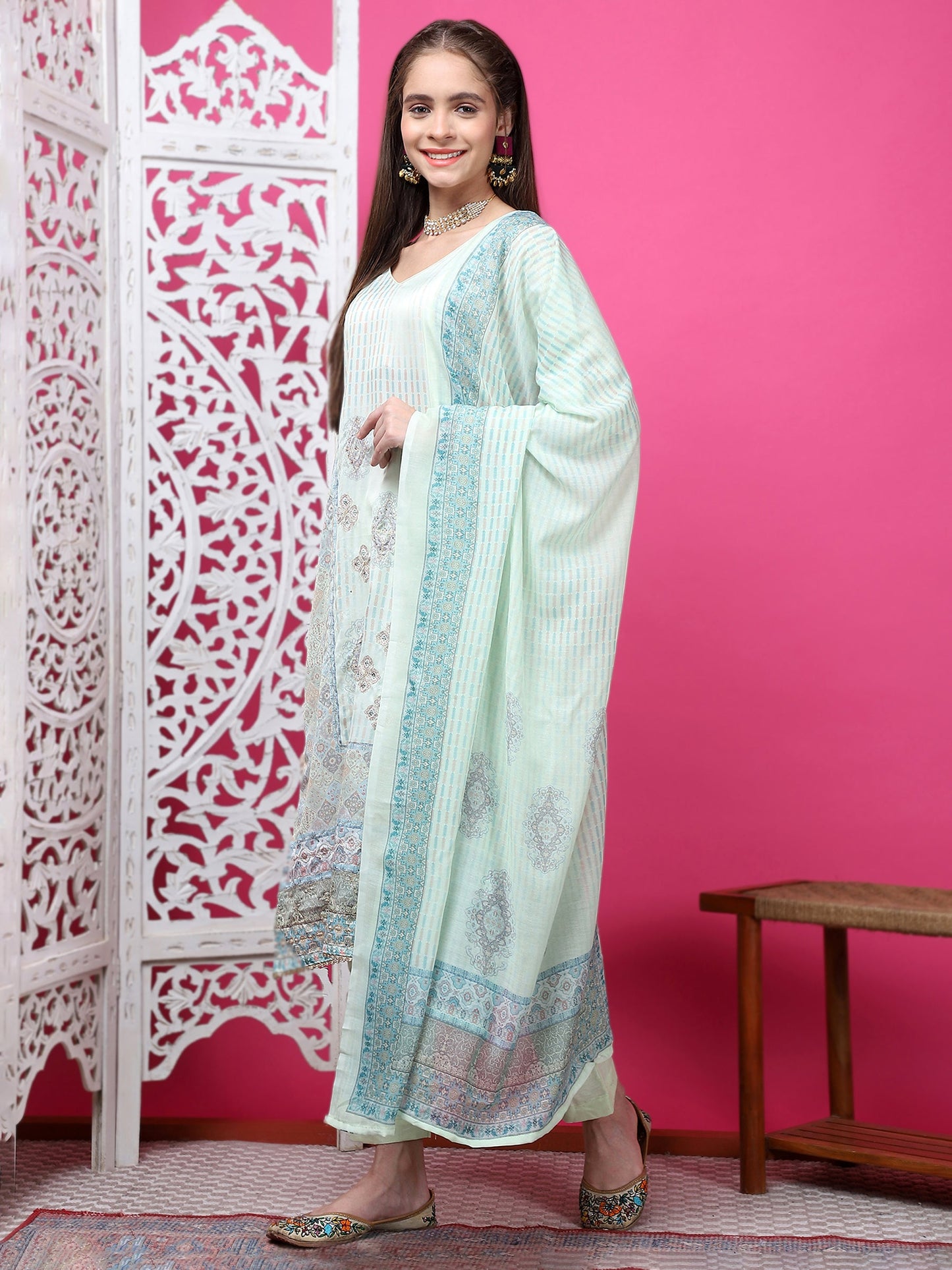 Jyoti Fashion Women's Pista Green Cotton Geometric Digital Print with Jari & Crystal Kurta with Trouser & Dupatta | Swadesiicart