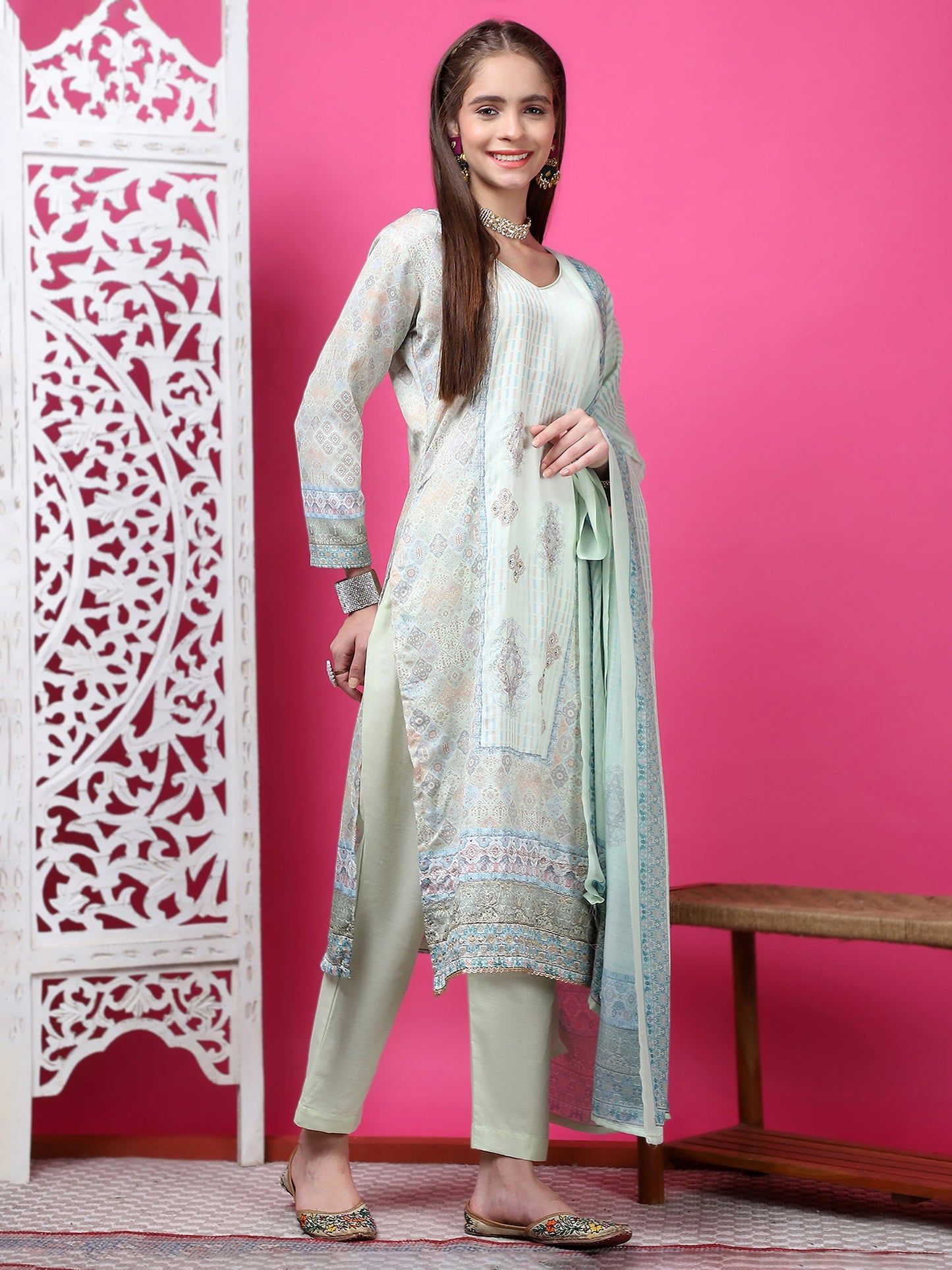 Jyoti Fashion Women's Pista Green Cotton Geometric Digital Print with Jari & Crystal Kurta with Trouser & Dupatta | Swadesiicart