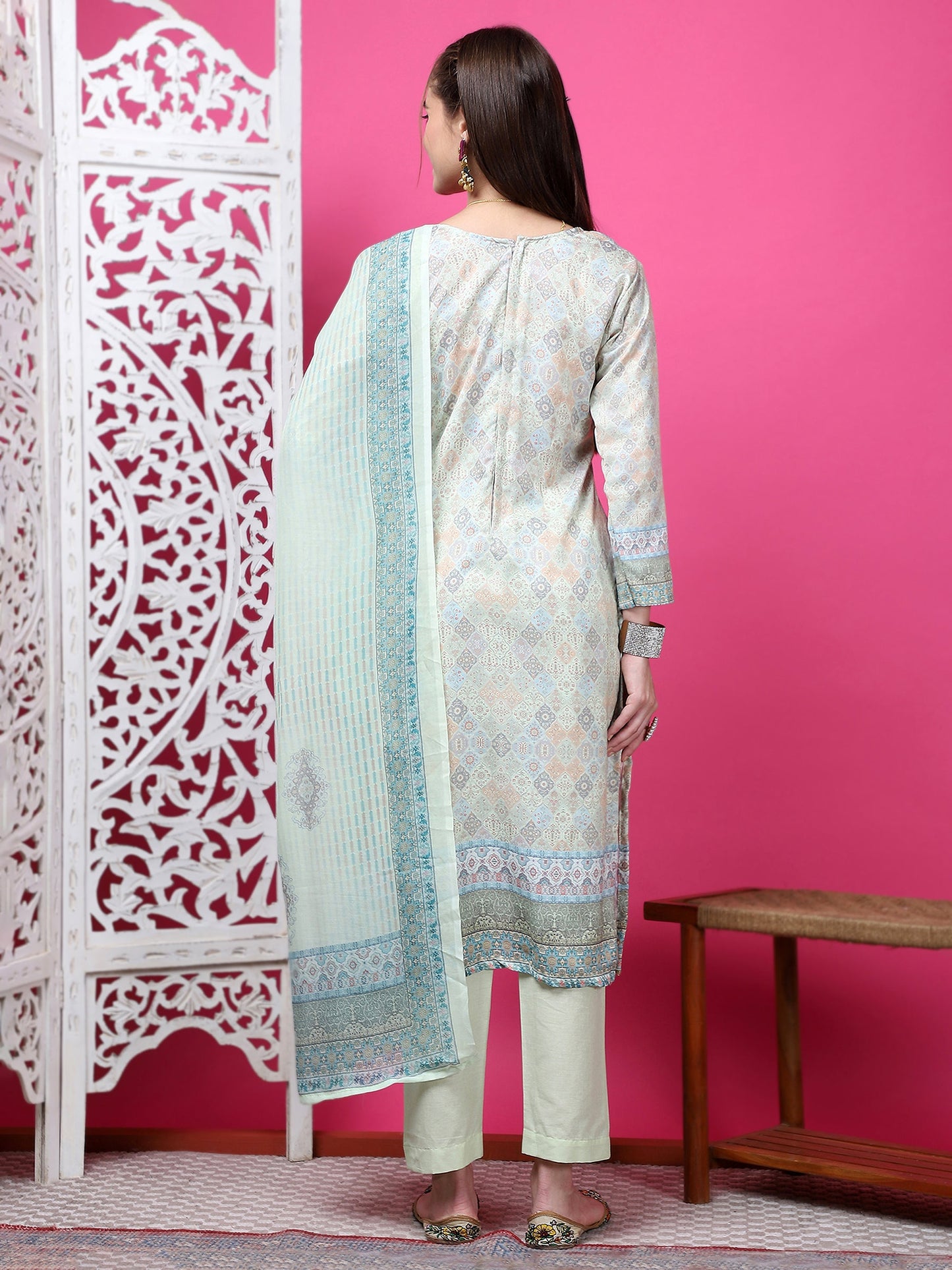 Jyoti Fashion Women's Pista Green Cotton Geometric Digital Print with Jari & Crystal Kurta with Trouser & Dupatta | Swadesiicart