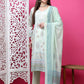 Jyoti Fashion Women's Pista Green Cotton Geometric Digital Print with Jari & Crystal Kurta with Trouser & Dupatta | Swadesiicart