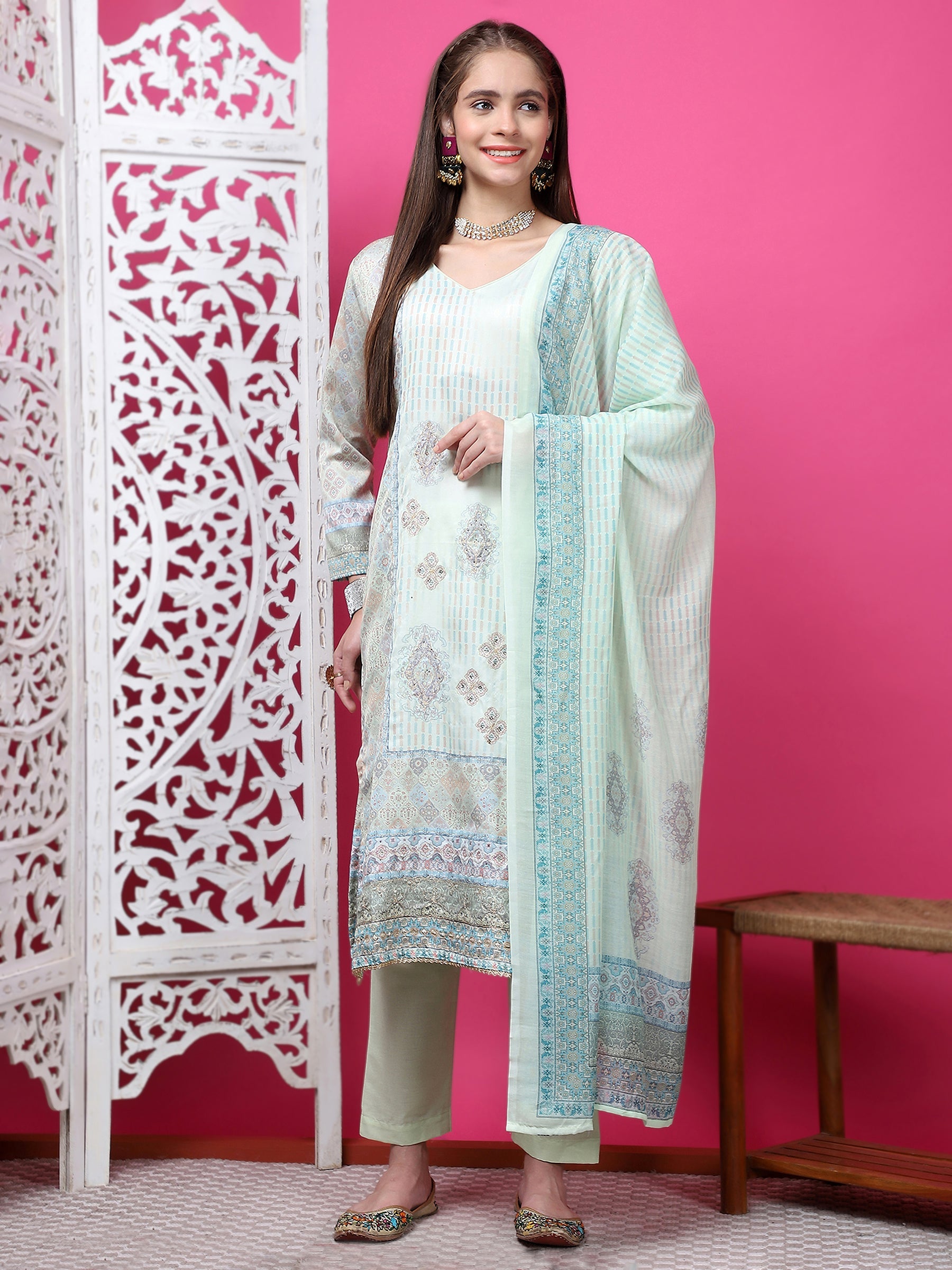 Jyoti Fashion Women's Pista Green Cotton Geometric Digital Print with Jari & Crystal Kurta with Trouser & Dupatta | Swadesiicart