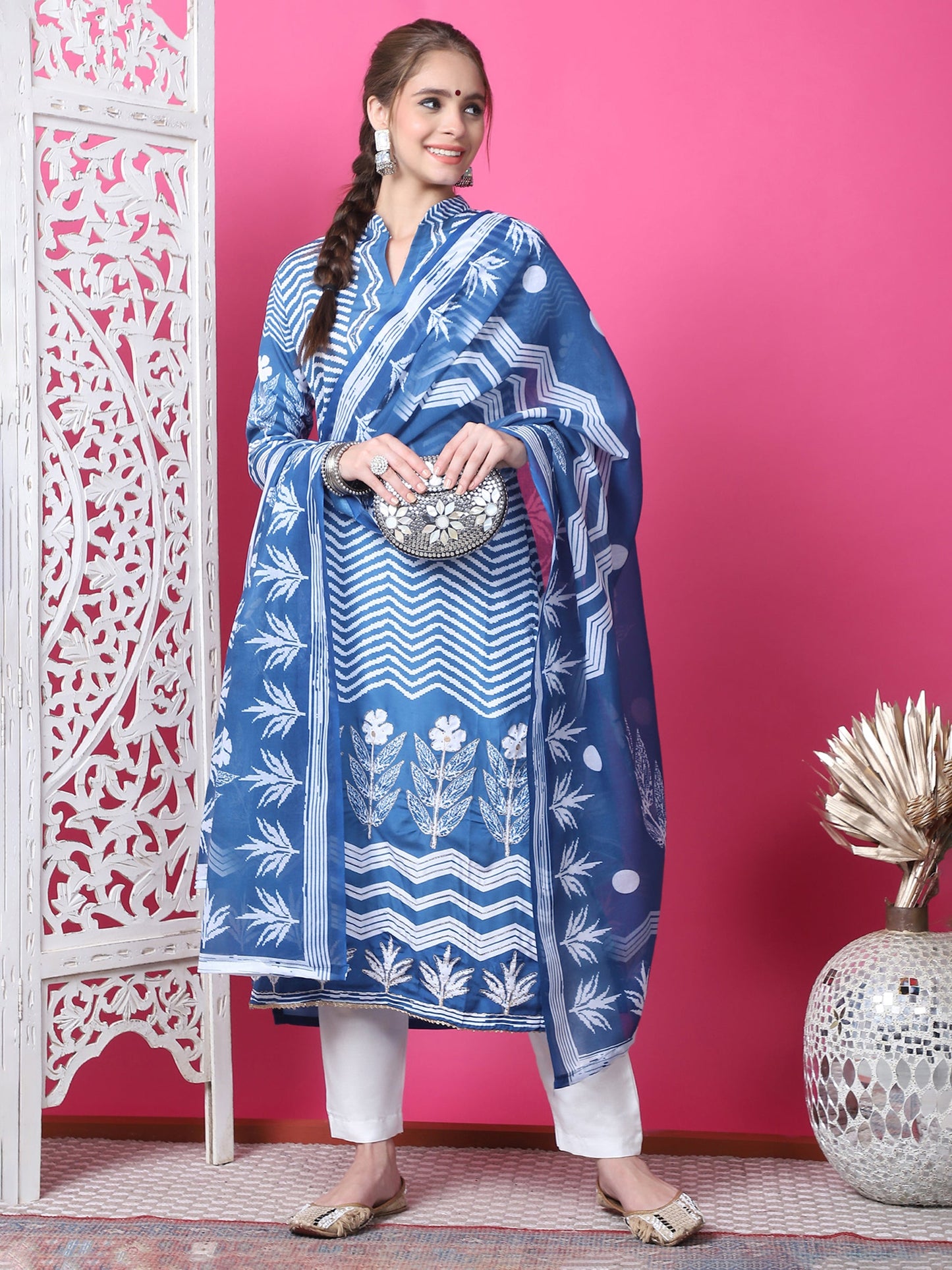 Jyoti Fashion Women's Indigo Blue Cotton Geometric Digital Print with Jari & Crystal Kurta with Trouser & Dupatta | Swadesiicart