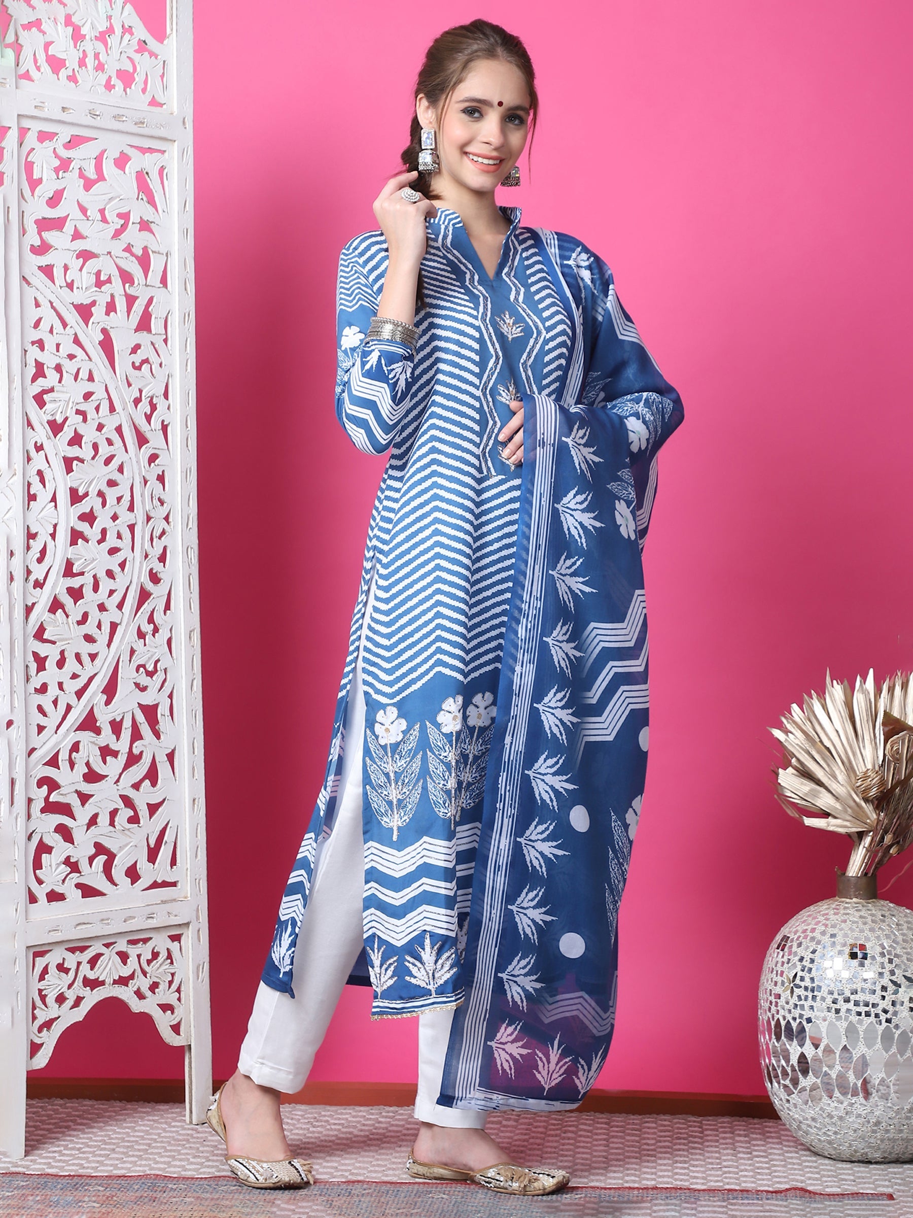 Jyoti Fashion Women's Indigo Blue Cotton Geometric Digital Print with Jari & Crystal Kurta with Trouser & Dupatta | Swadesiicart
