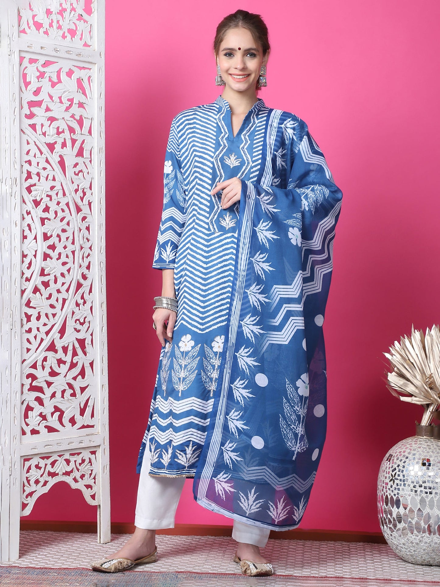 Jyoti Fashion Women's Indigo Blue Cotton Geometric Digital Print with Jari & Crystal Kurta with Trouser & Dupatta | Swadesiicart