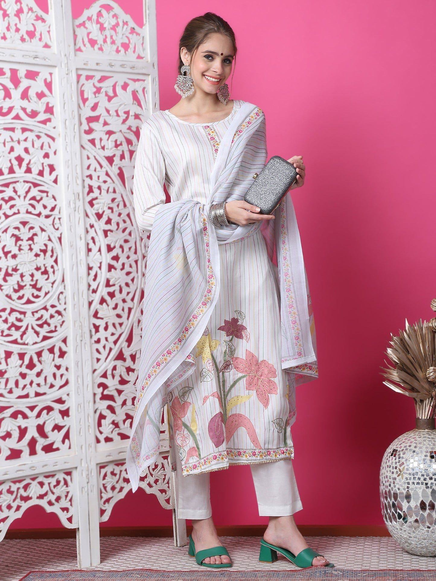 Jyoti Fashion Women's Off White Cotton Geometric Digital Print with Jari & Crystal Kurta with Trouser & Dupatta | Swadesiicart
