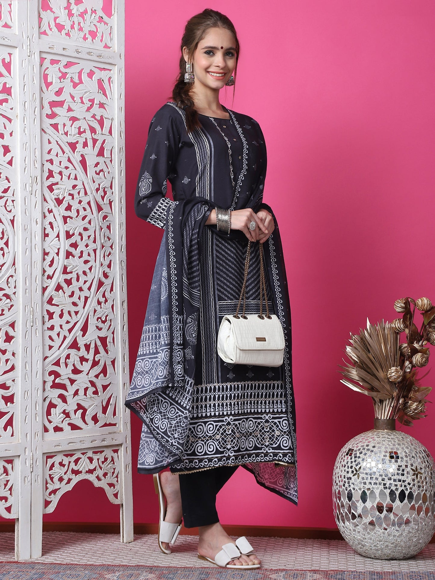 Jyoti Fashion Women's Black Cotton Geometric Digital Print with Jari & Crystal Kurta with Trouser & Dupatta | Swadesiicart