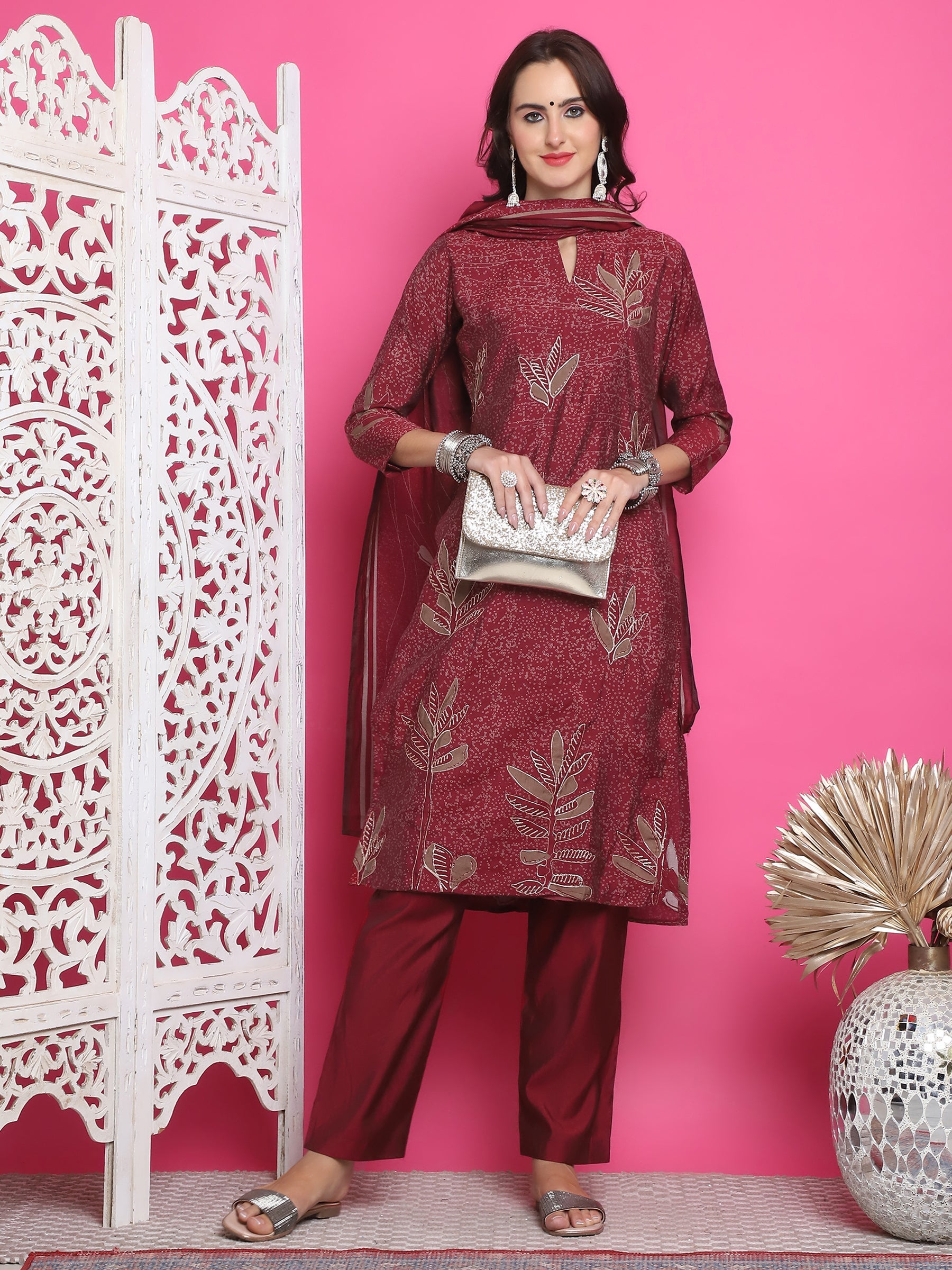 Jyoti Fashion Women's Maroon Muslin Floral Print with Jari & Crystal work Kurta with Trouser & Dupatta | Swadesiicart