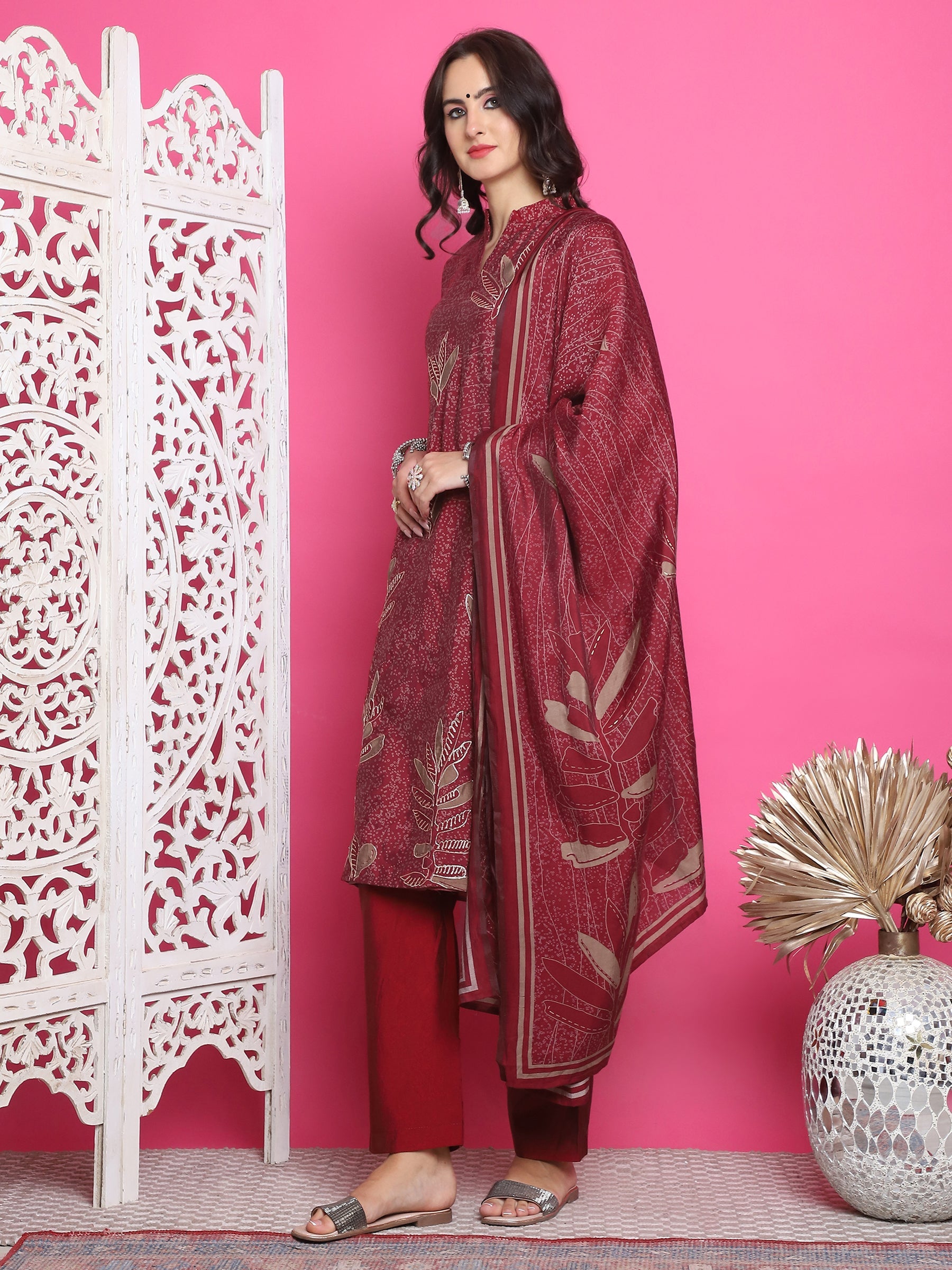 Jyoti Fashion Women's Maroon Muslin Floral Print with Jari & Crystal work Kurta with Trouser & Dupatta | Swadesiicart