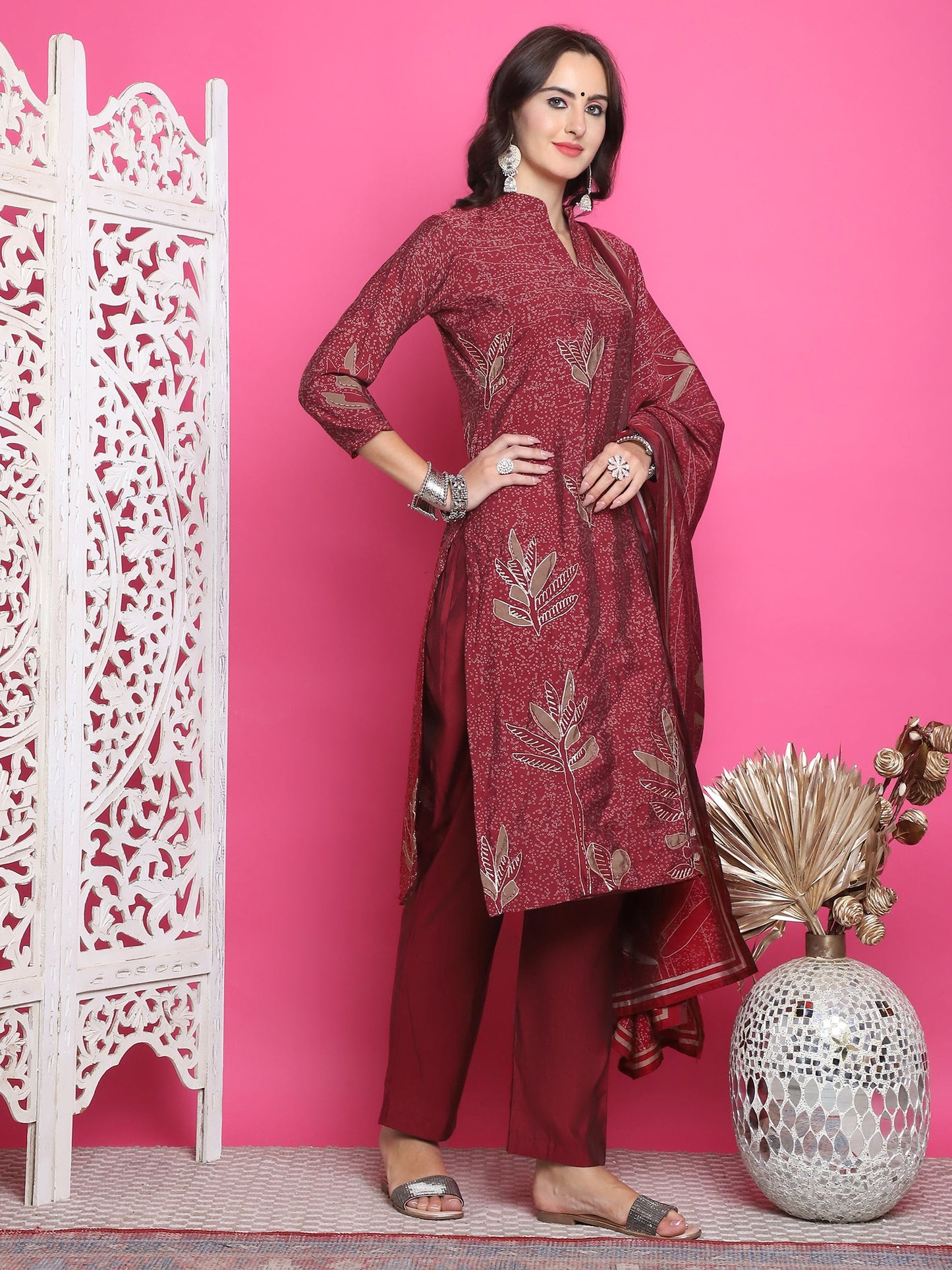 Jyoti Fashion Women's Maroon Muslin Floral Print with Jari & Crystal work Kurta with Trouser & Dupatta | Swadesiicart