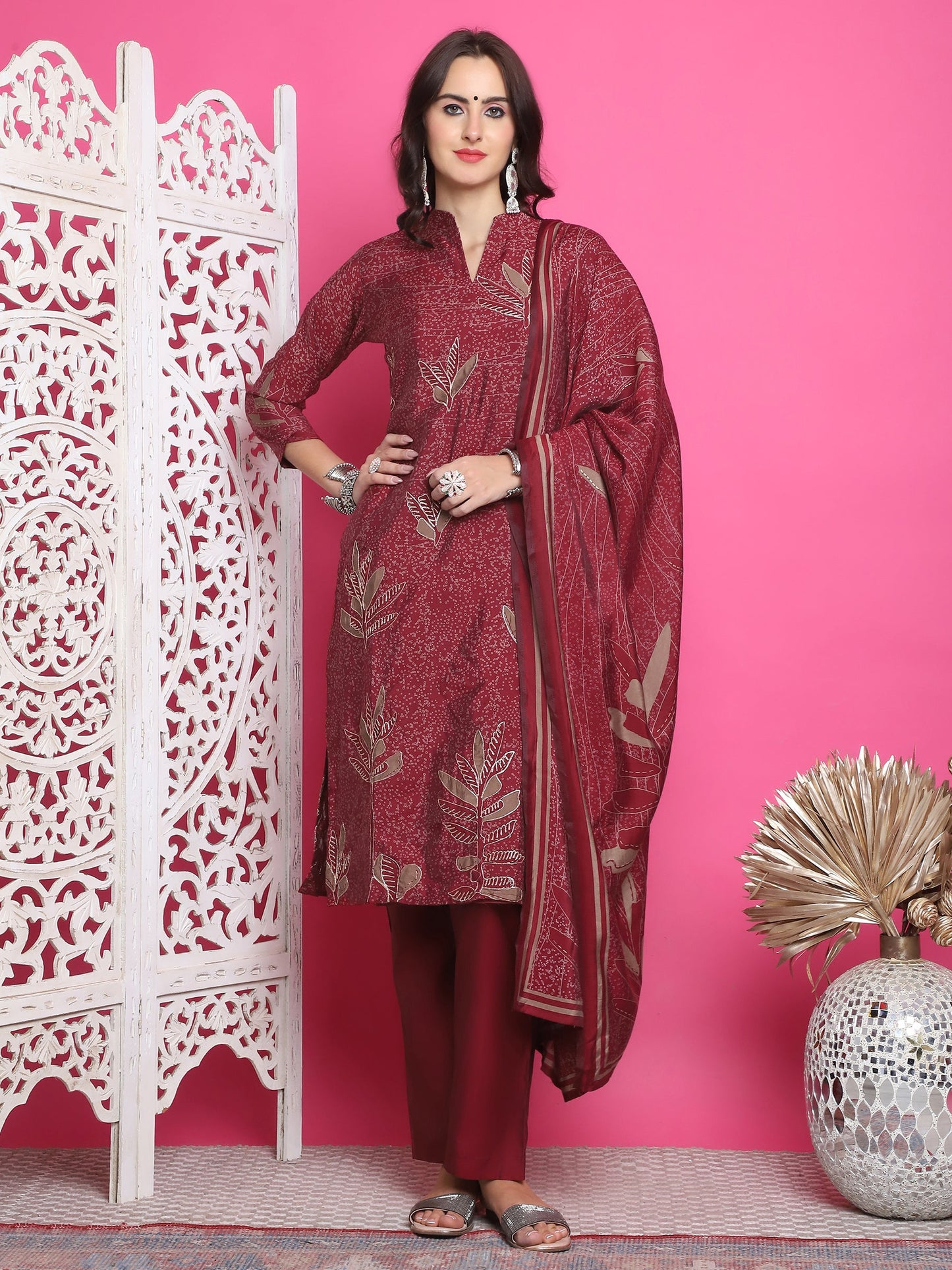 Jyoti Fashion Women's Maroon Muslin Floral Print with Jari & Crystal work Kurta with Trouser & Dupatta | Swadesiicart