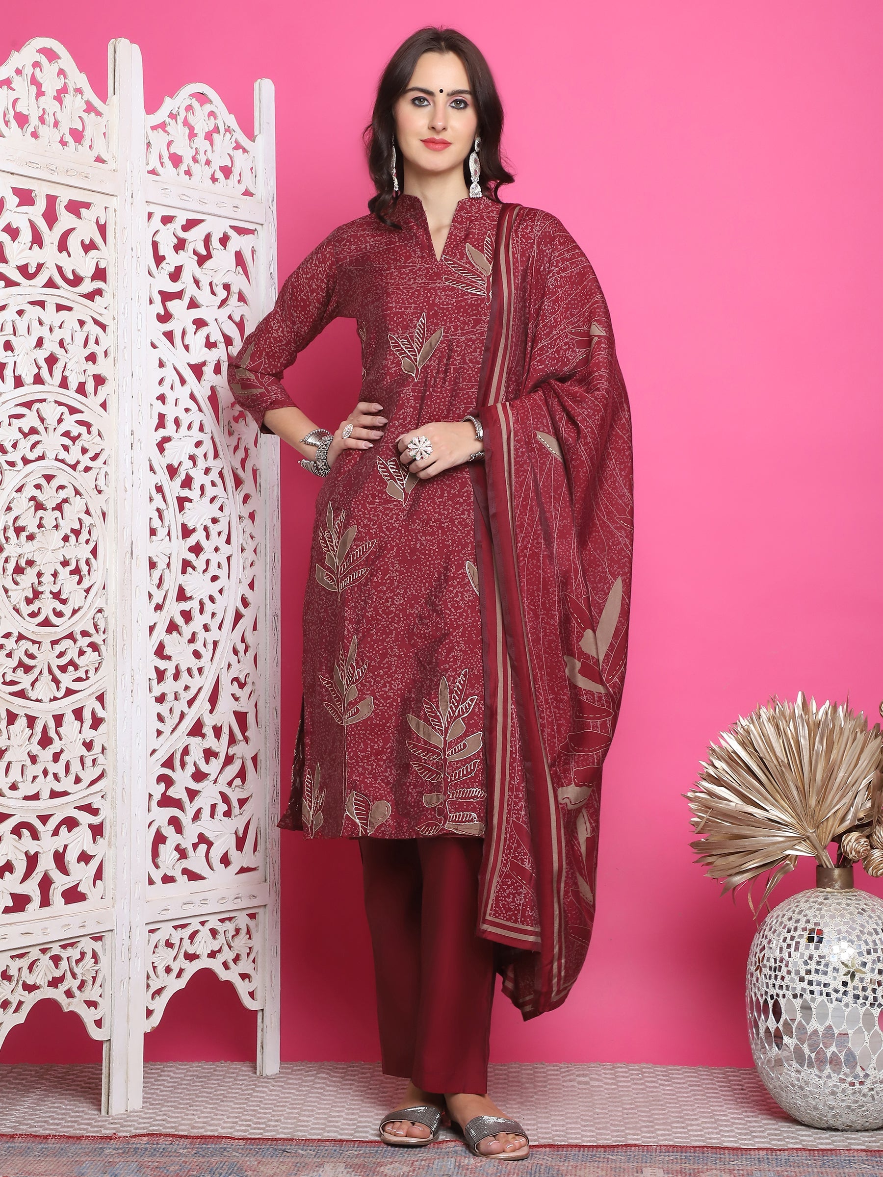 Jyoti Fashion Women's Maroon Muslin Floral Print with Jari & Crystal work Kurta with Trouser & Dupatta | Swadesiicart