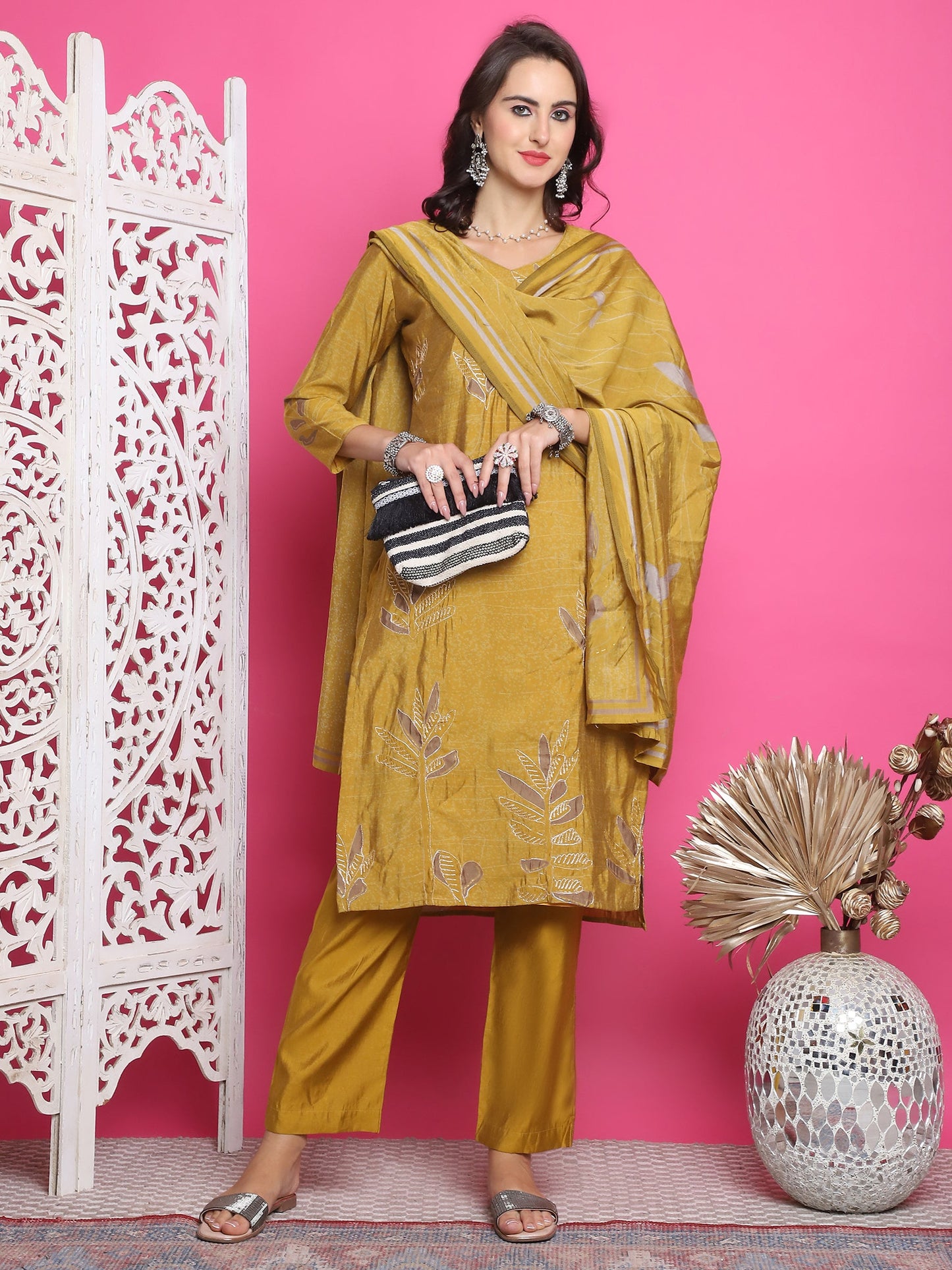 Jyoti Fashion Women's Mustard Muslin Floral Print with Jari & Crystal work Kurta with Trouser & Dupatta | Swadesiicart