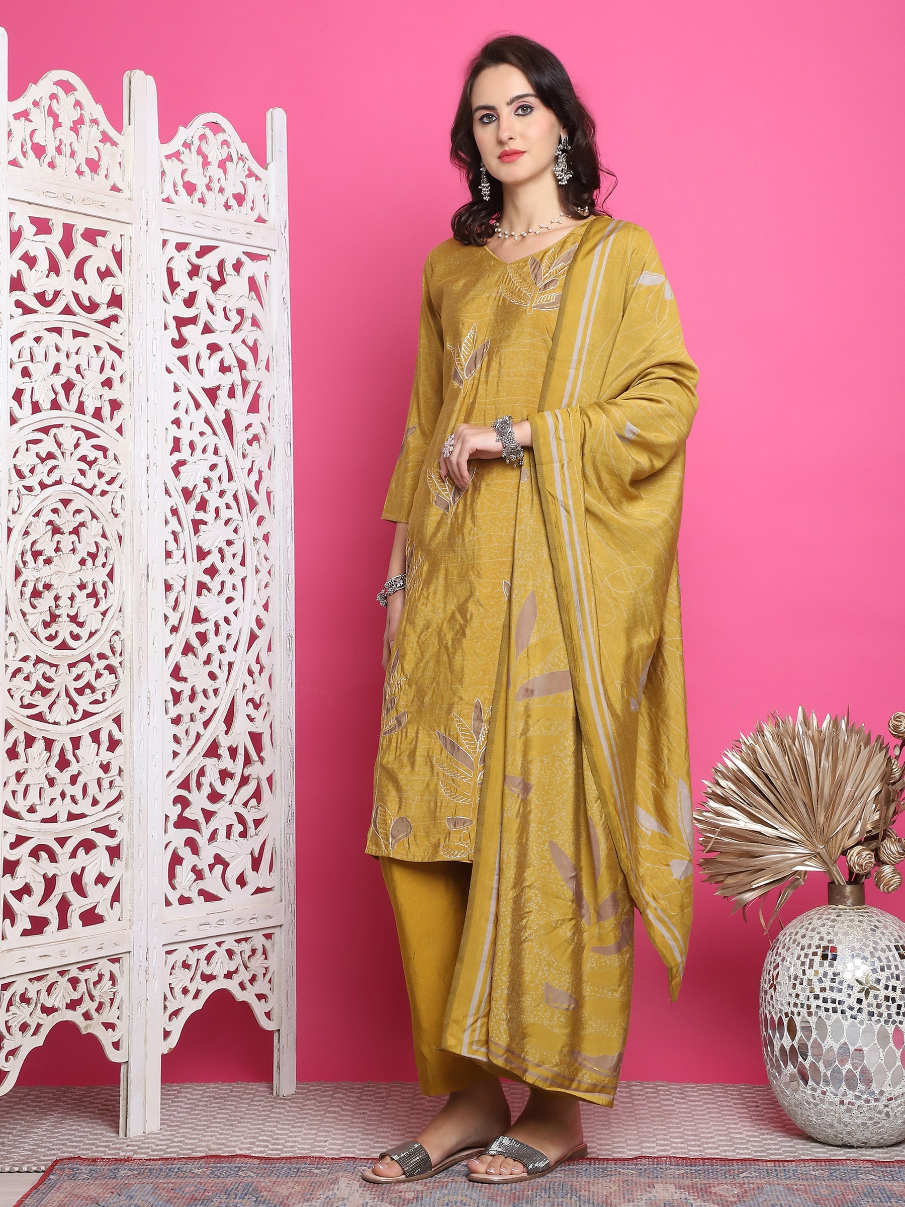 Jyoti Fashion Women's Mustard Muslin Floral Print with Jari & Crystal work Kurta with Trouser & Dupatta | Swadesiicart