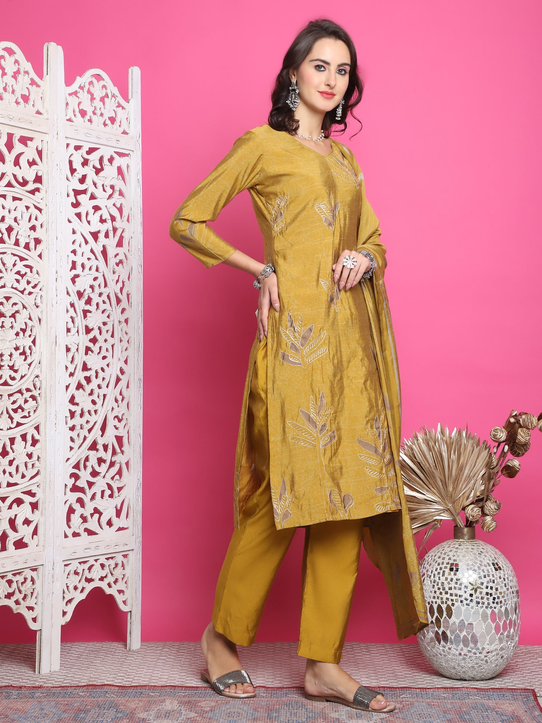 Jyoti Fashion Women's Mustard Muslin Floral Print with Jari & Crystal work Kurta with Trouser & Dupatta | Swadesiicart