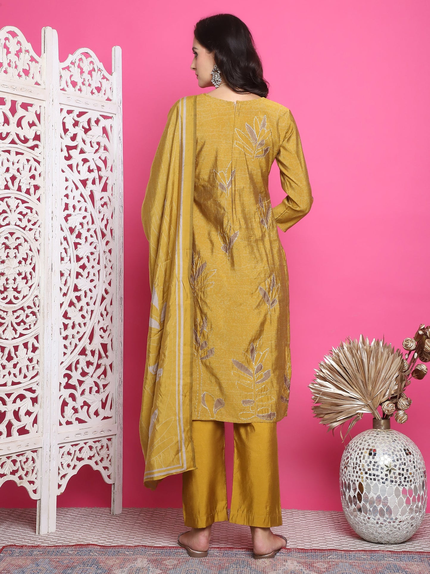 Jyoti Fashion Women's Mustard Muslin Floral Print with Jari & Crystal work Kurta with Trouser & Dupatta | Swadesiicart