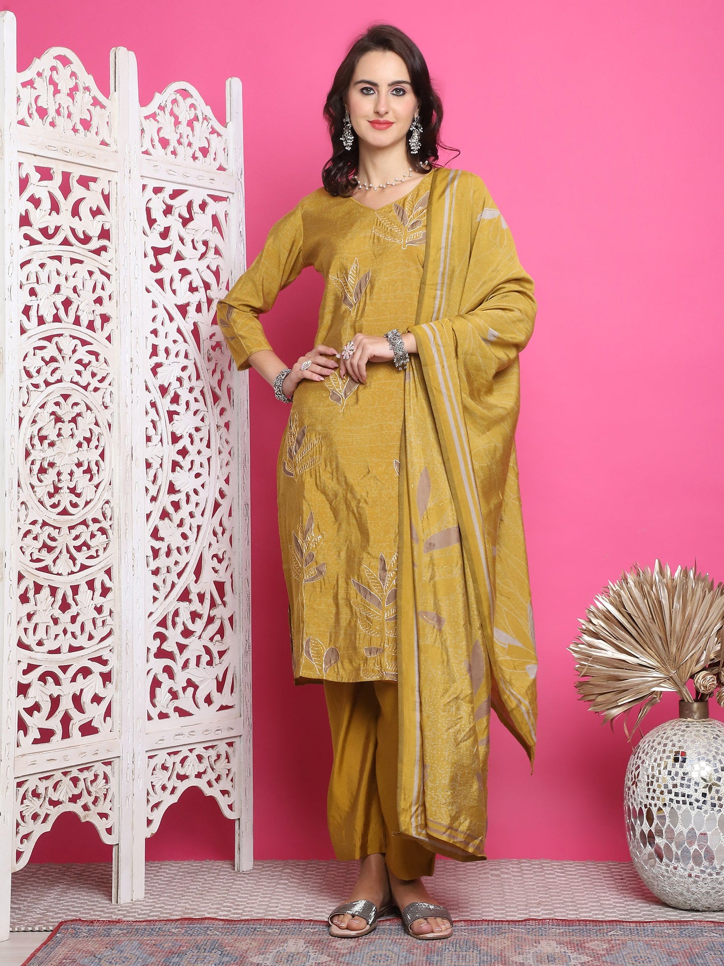 Jyoti Fashion Women's Mustard Muslin Floral Print with Jari & Crystal work Kurta with Trouser & Dupatta | Swadesiicart