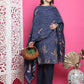 Jyoti Fashion Women's Navy Blue Muslin Floral Print with Jari & Crystal work Kurta with Trouser & Dupatta | Swadesiicart