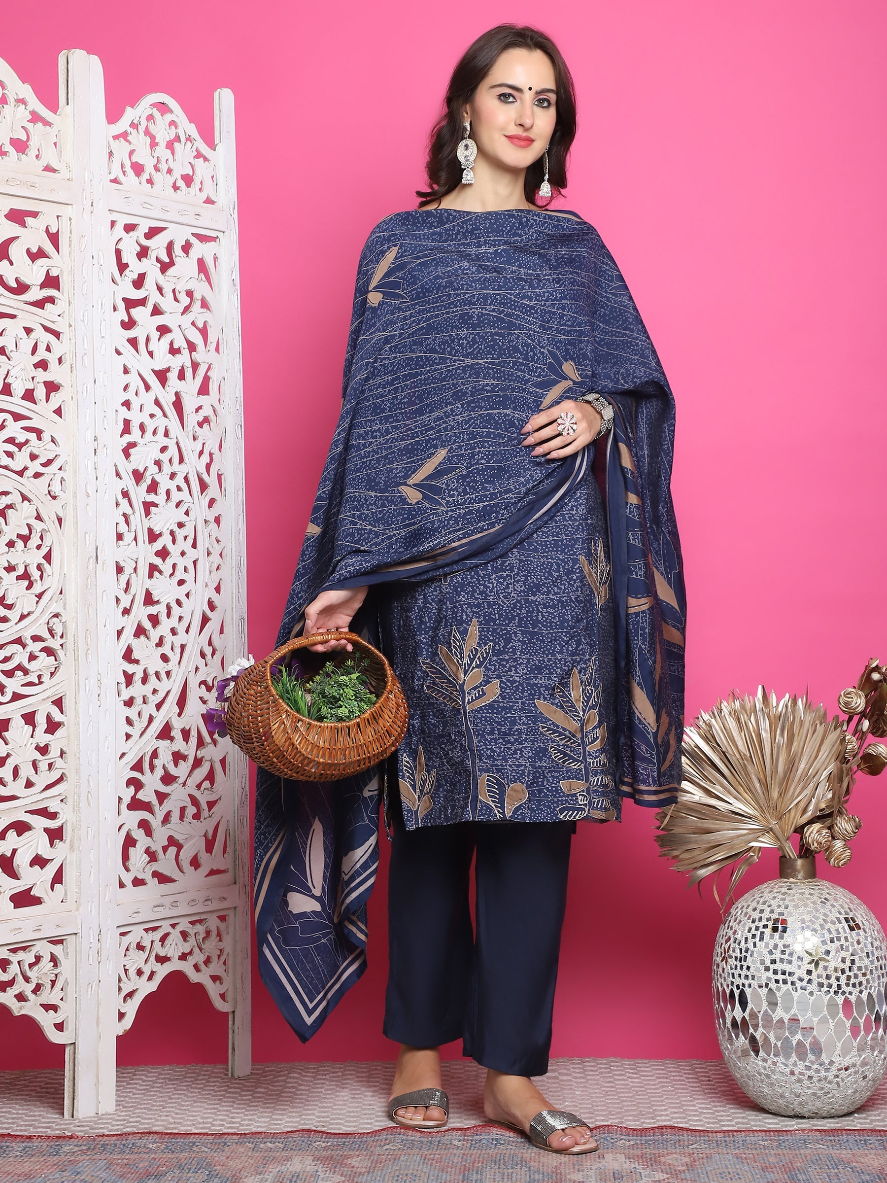 Jyoti Fashion Women's Navy Blue Muslin Floral Print with Jari & Crystal work Kurta with Trouser & Dupatta | Swadesiicart