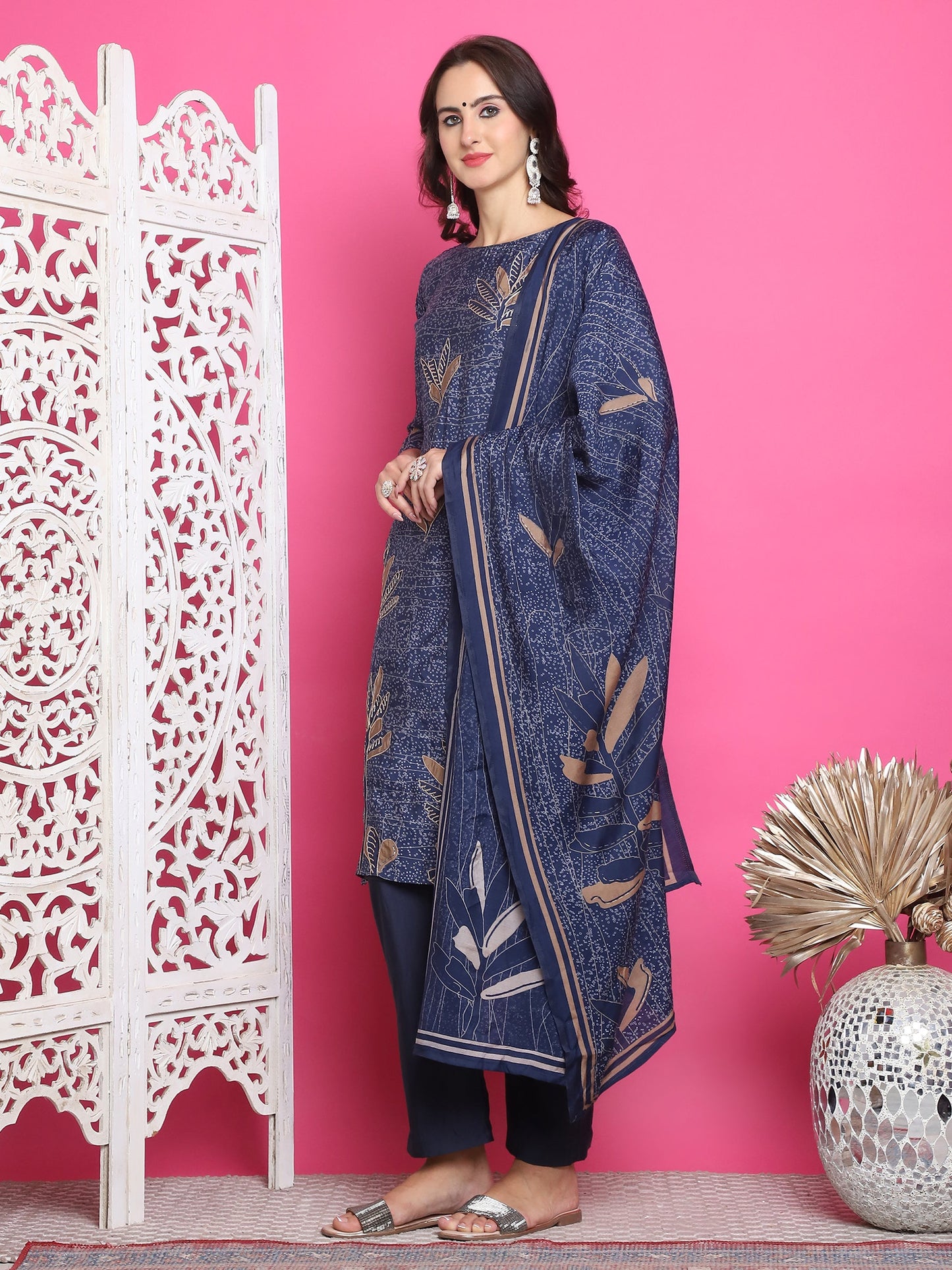 Jyoti Fashion Women's Navy Blue Muslin Floral Print with Jari & Crystal work Kurta with Trouser & Dupatta | Swadesiicart