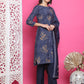 Jyoti Fashion Women's Navy Blue Muslin Floral Print with Jari & Crystal work Kurta with Trouser & Dupatta | Swadesiicart
