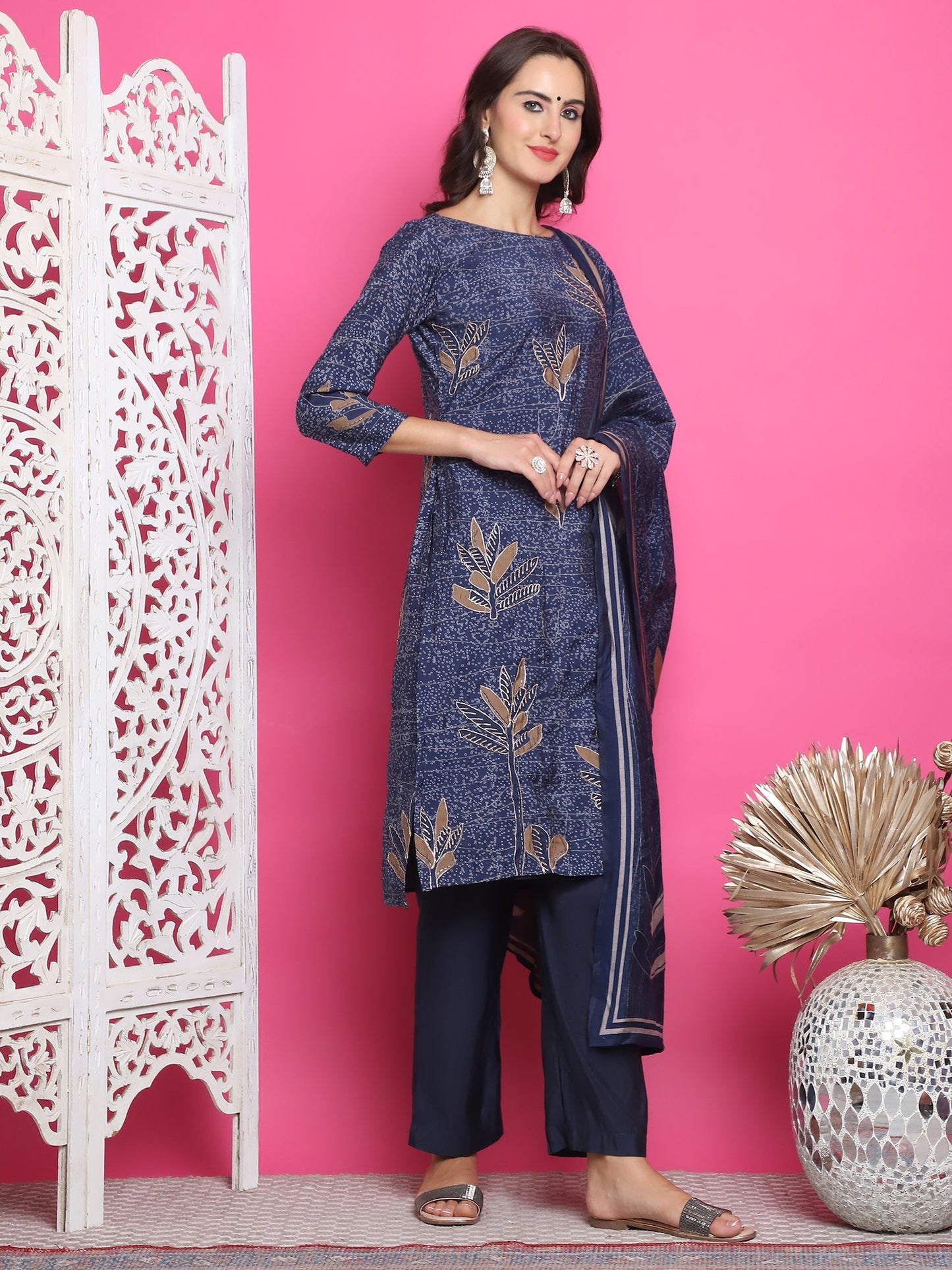Jyoti Fashion Women's Navy Blue Muslin Floral Print with Jari & Crystal work Kurta with Trouser & Dupatta | Swadesiicart