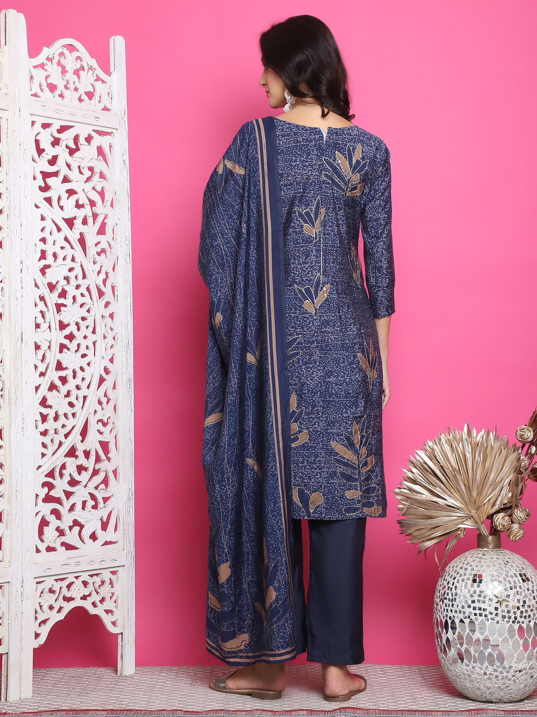 Jyoti Fashion Women's Navy Blue Muslin Floral Print with Jari & Crystal work Kurta with Trouser & Dupatta | Swadesiicart