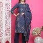 Jyoti Fashion Women's Navy Blue Muslin Floral Print with Jari & Crystal work Kurta with Trouser & Dupatta | Swadesiicart